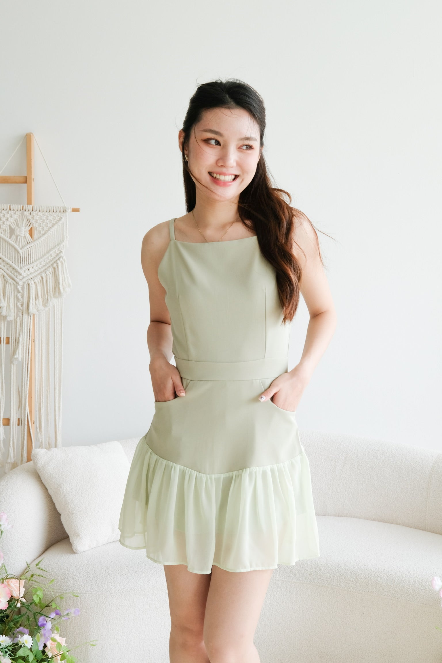 Jerlene Boatneck Ruffle Romper (Olive Green)