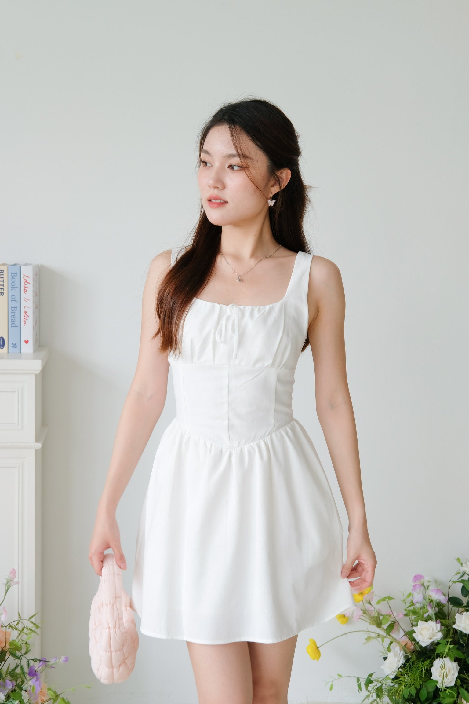 Tiffany Ruched Flare Dress (White)