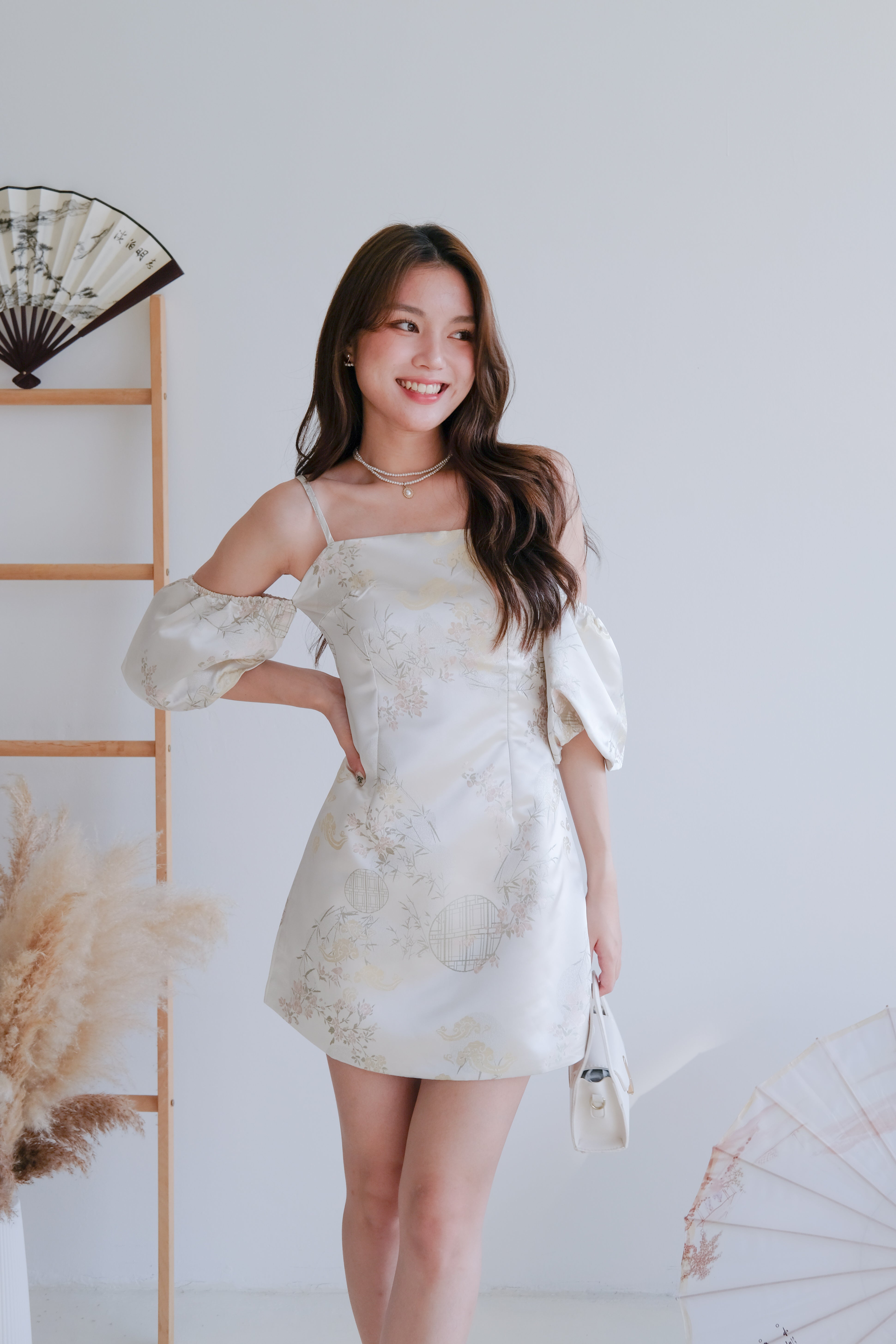 Ya Yun Tropical Cold Shoulder Dress (Pearl White)