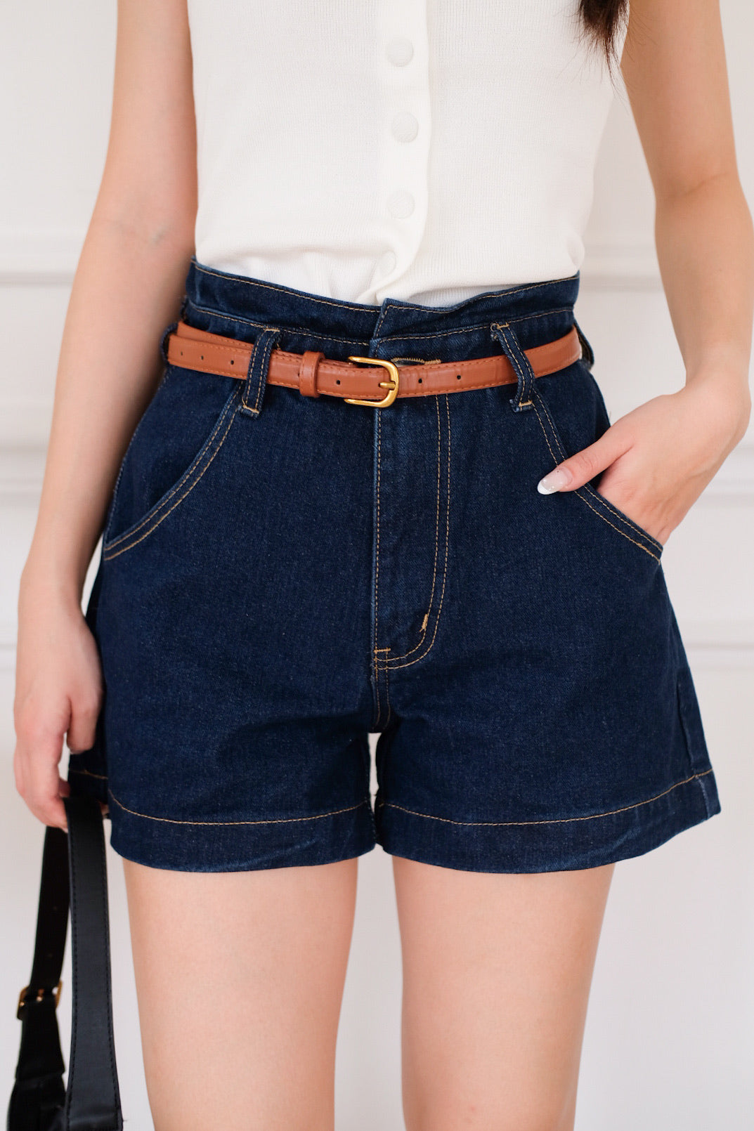 Hudson Belted High Waist Denim Shorts (Dark Blue)