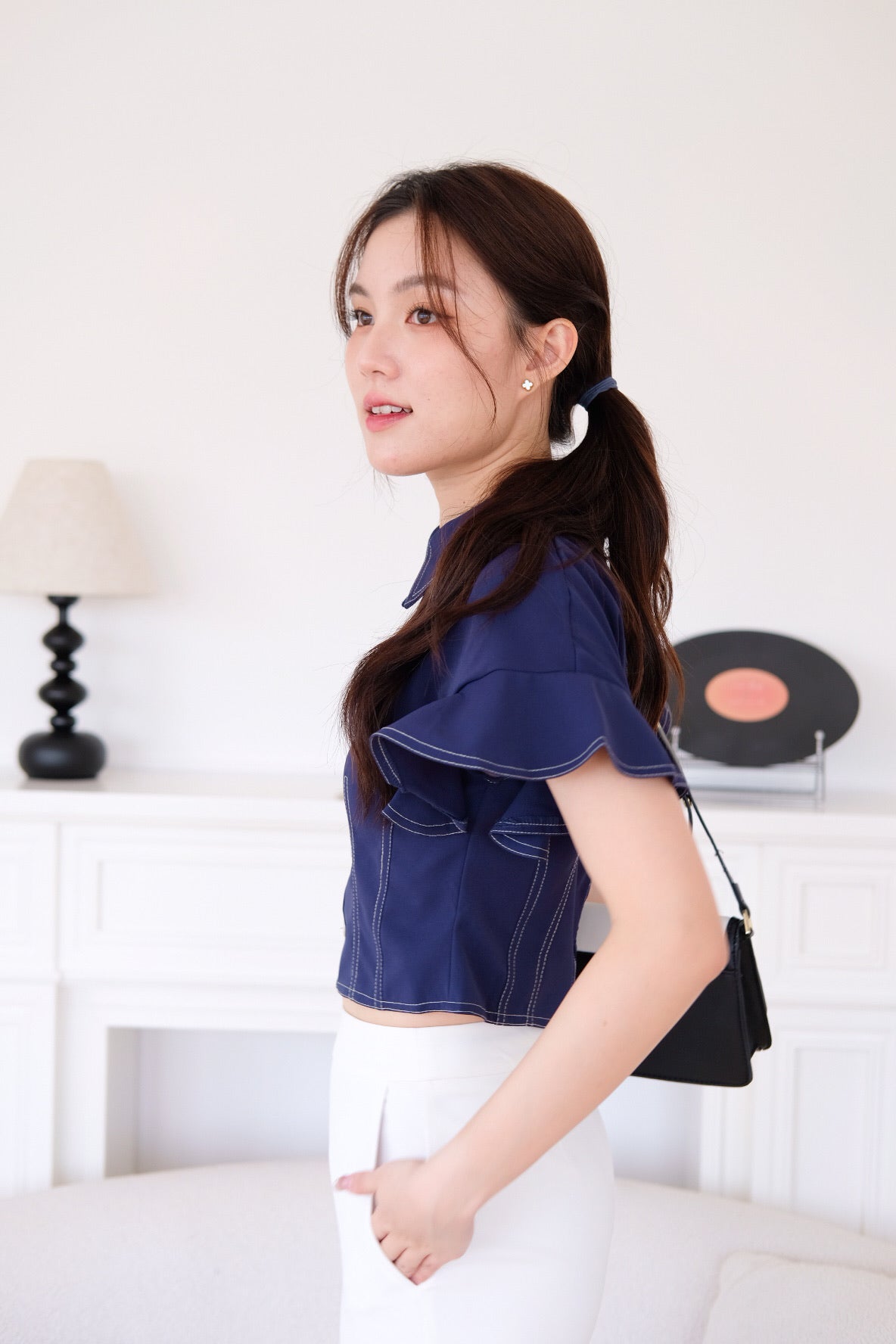 Juliana Contrast Flutter Sleeves Top (Navy Blue)