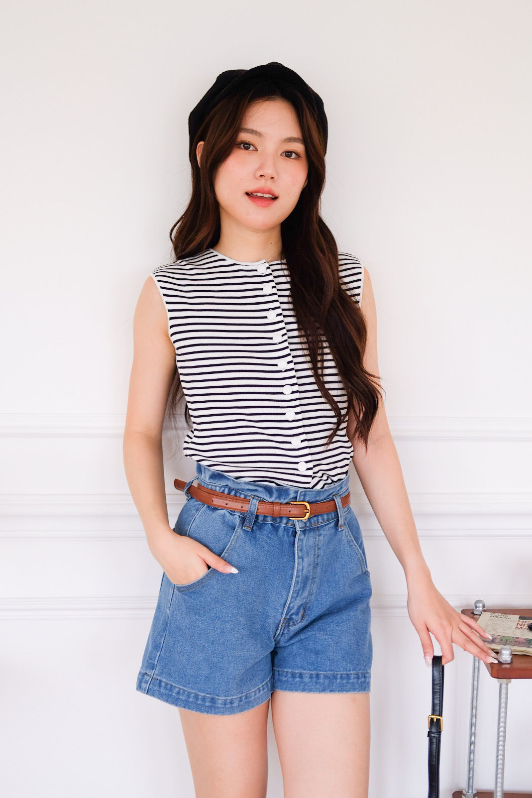 Hudson Belted High Waist Denim Shorts (Light Blue)
