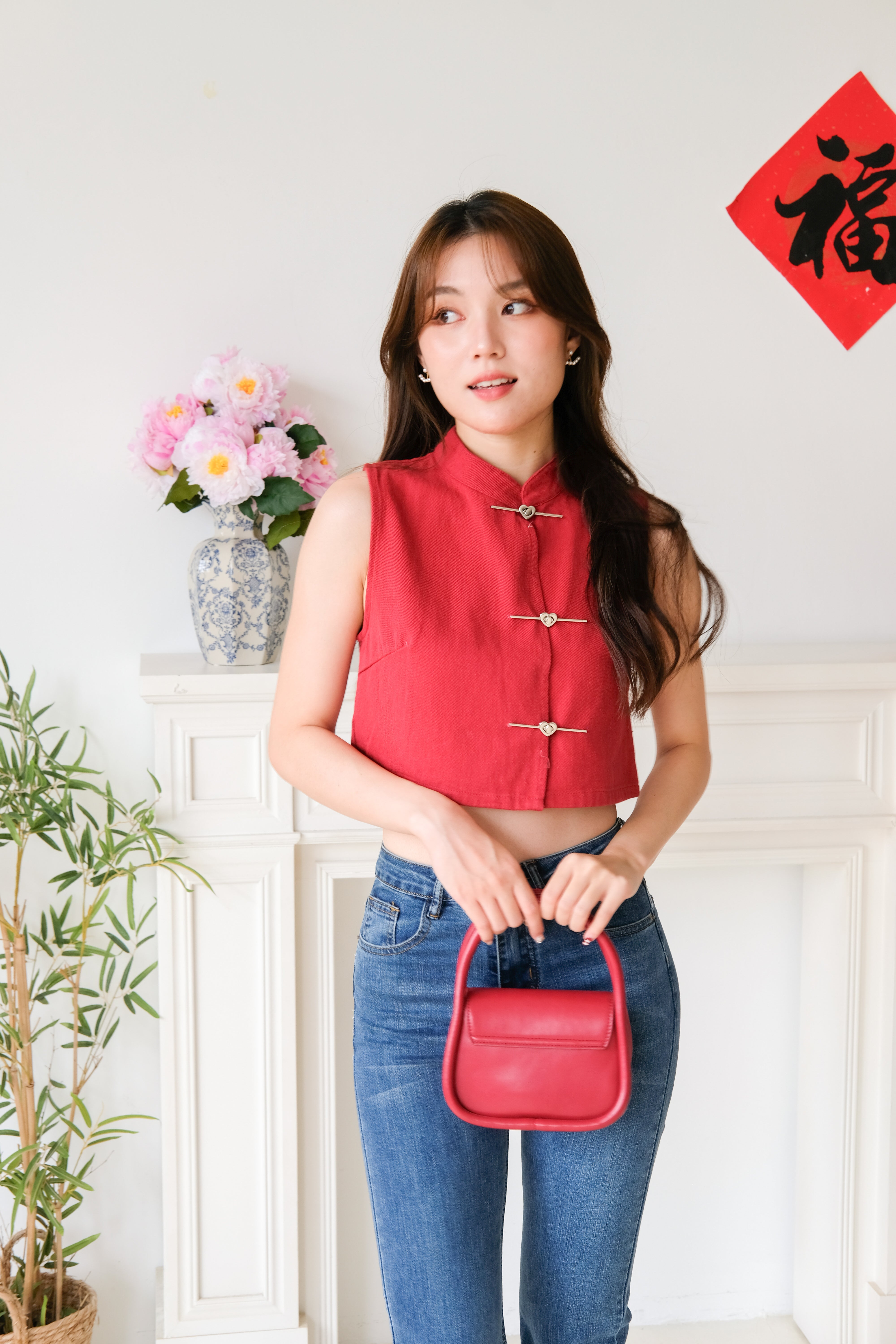 Andrea Denim Cheongsam Crop (Wine)