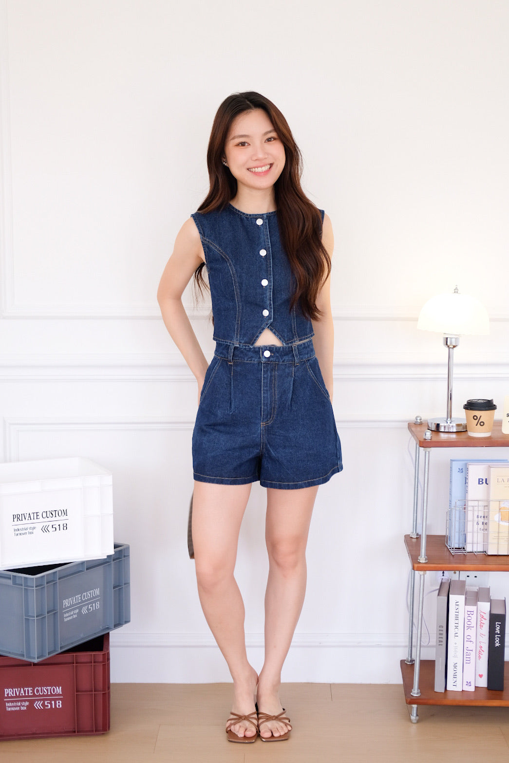 Velina Denim Vest Set (Dark Blue)
