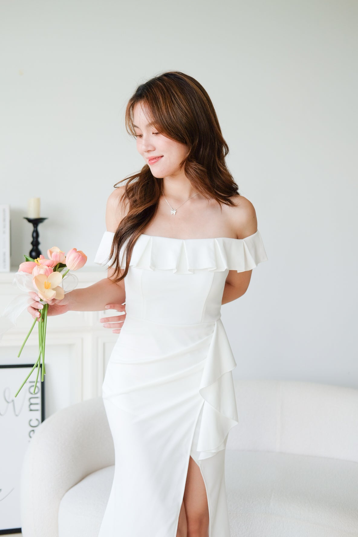 Dione Off Shoulder Slit Dinner Maxi Dress (White)