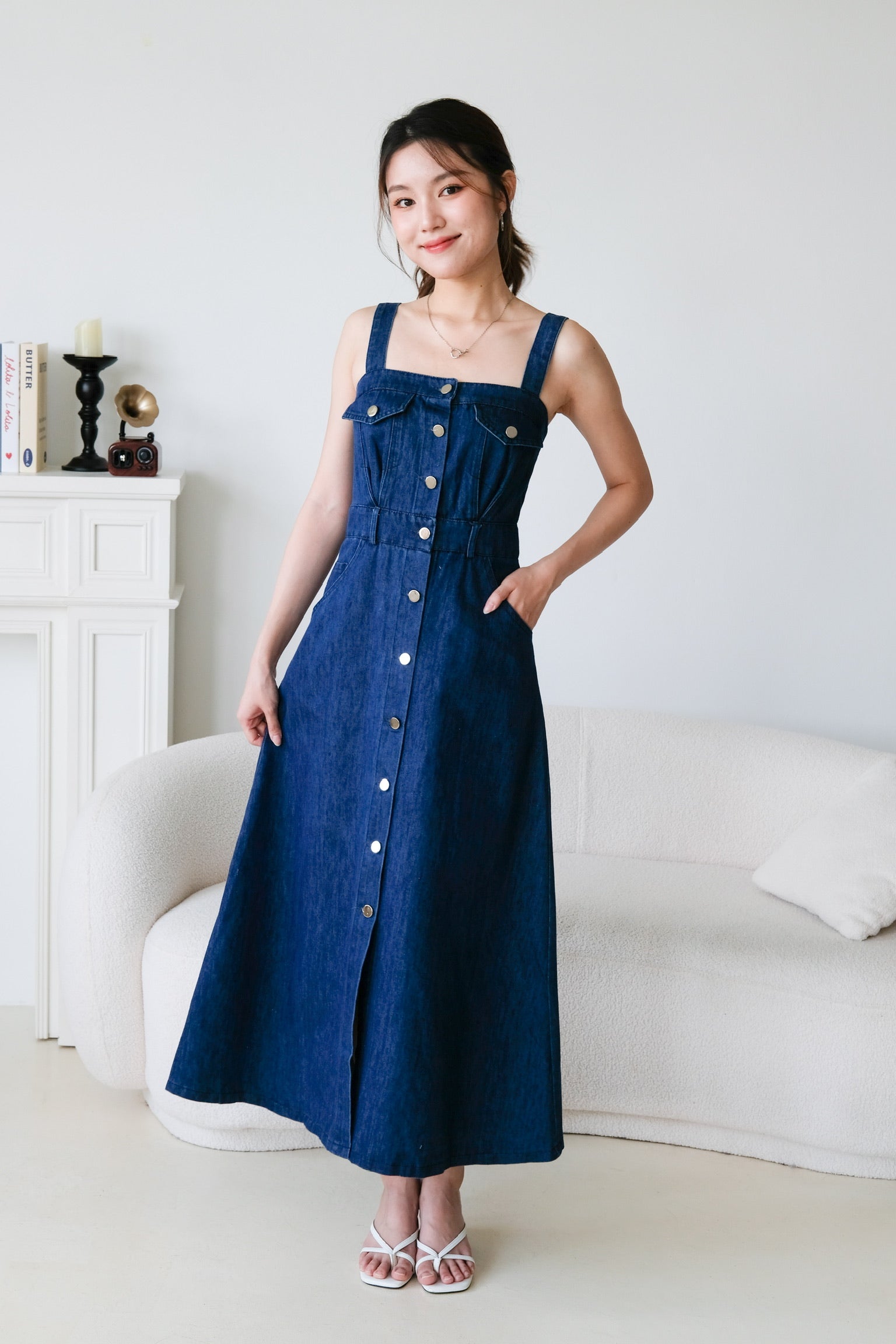 Ean Button Down Denim Maxi Dress (Dark Blue)