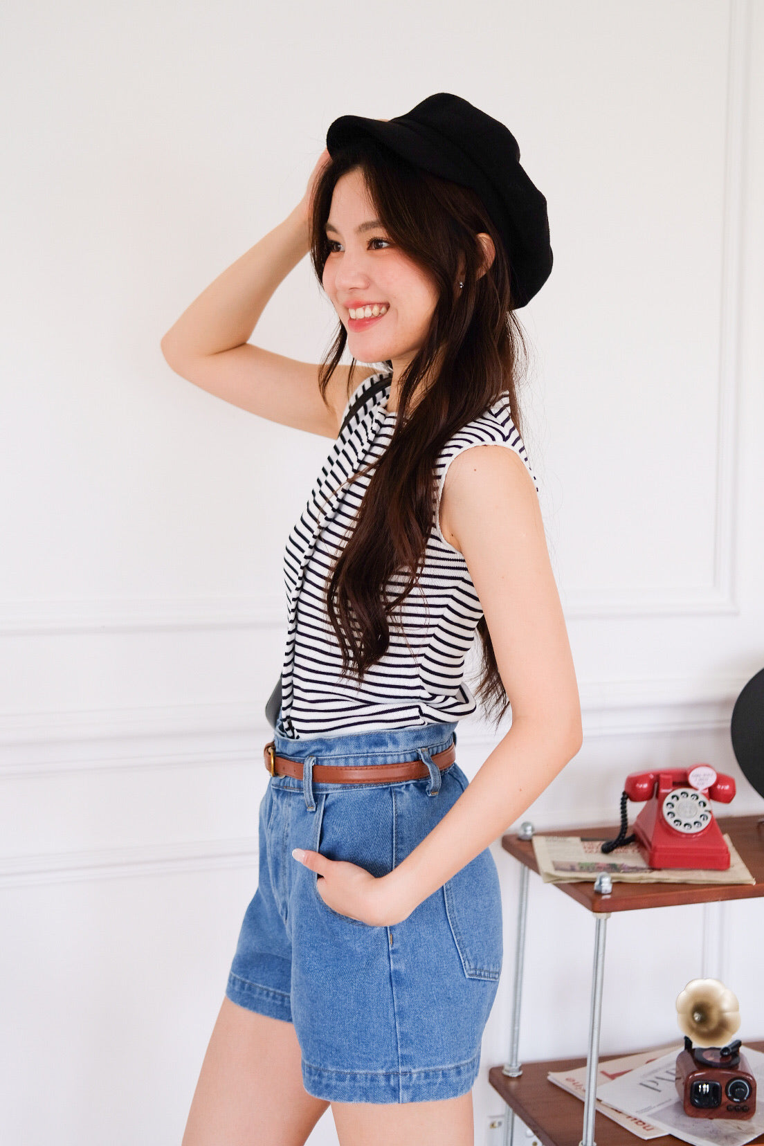 Hudson Belted High Waist Denim Shorts (Light Blue)