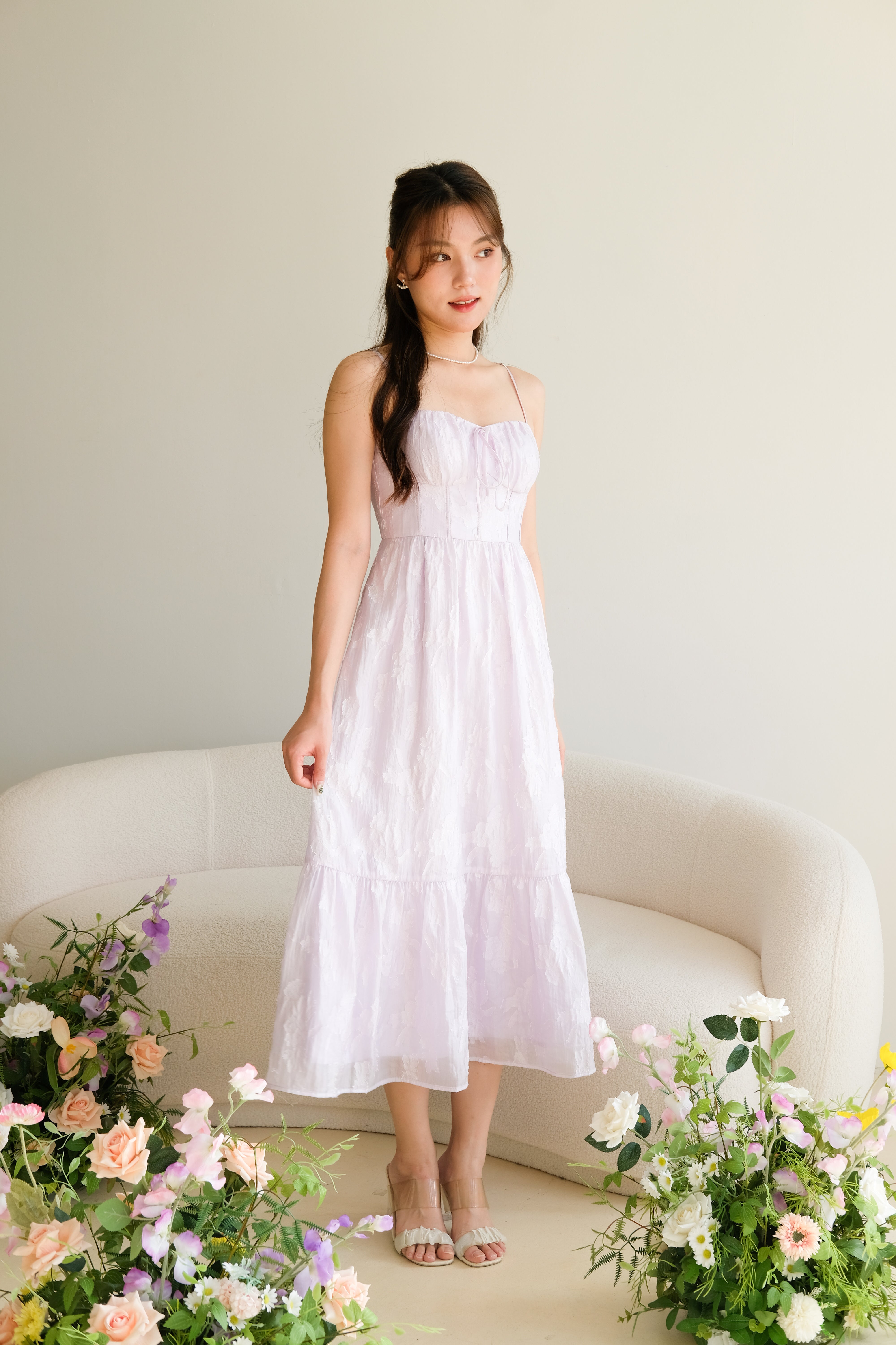 Whimsical Padded Organza Floral Maxi Dress (Pastel Lilac)