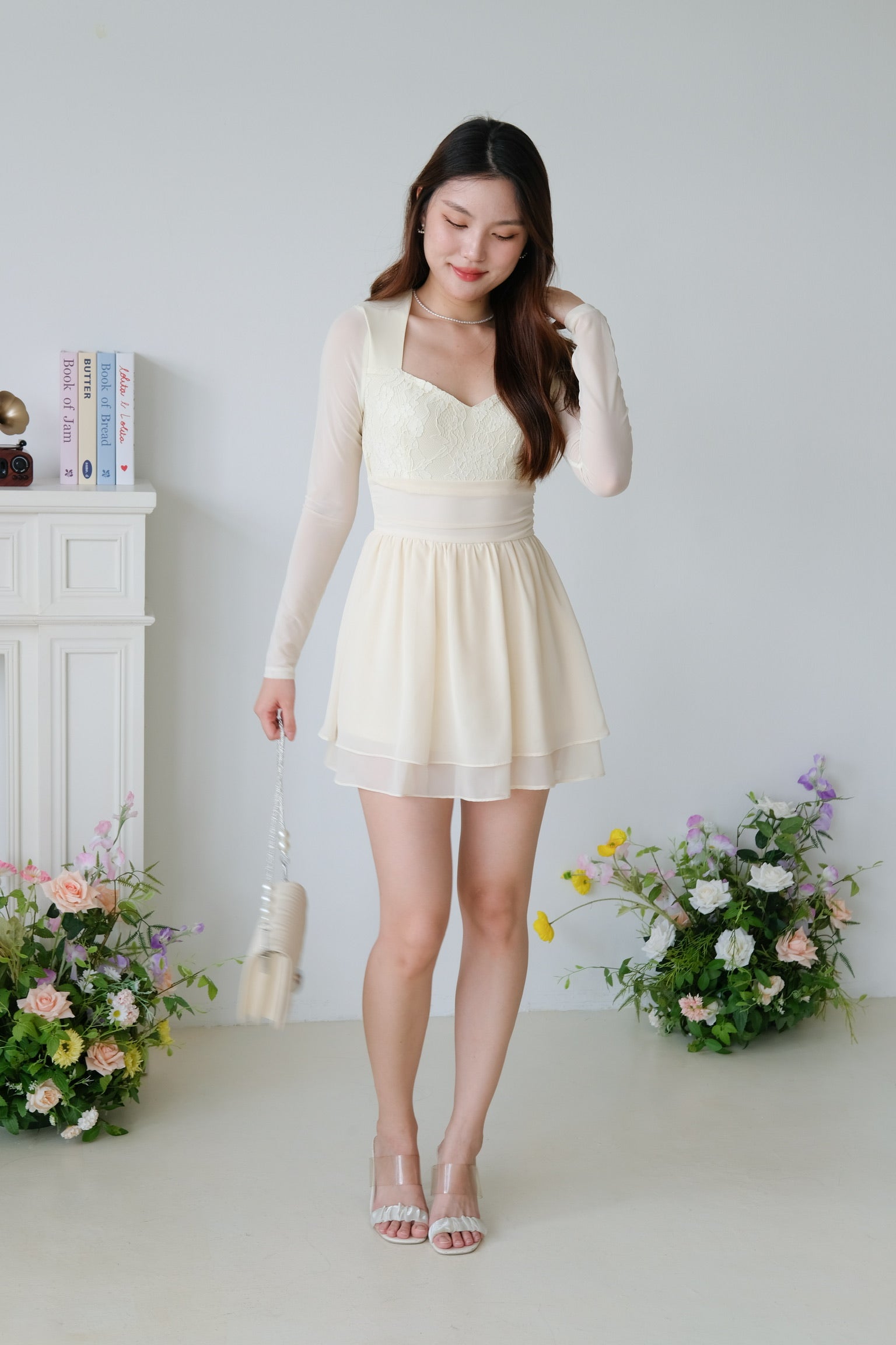 Casslene Long Sleeves Lace Dress (Pale Yellow)