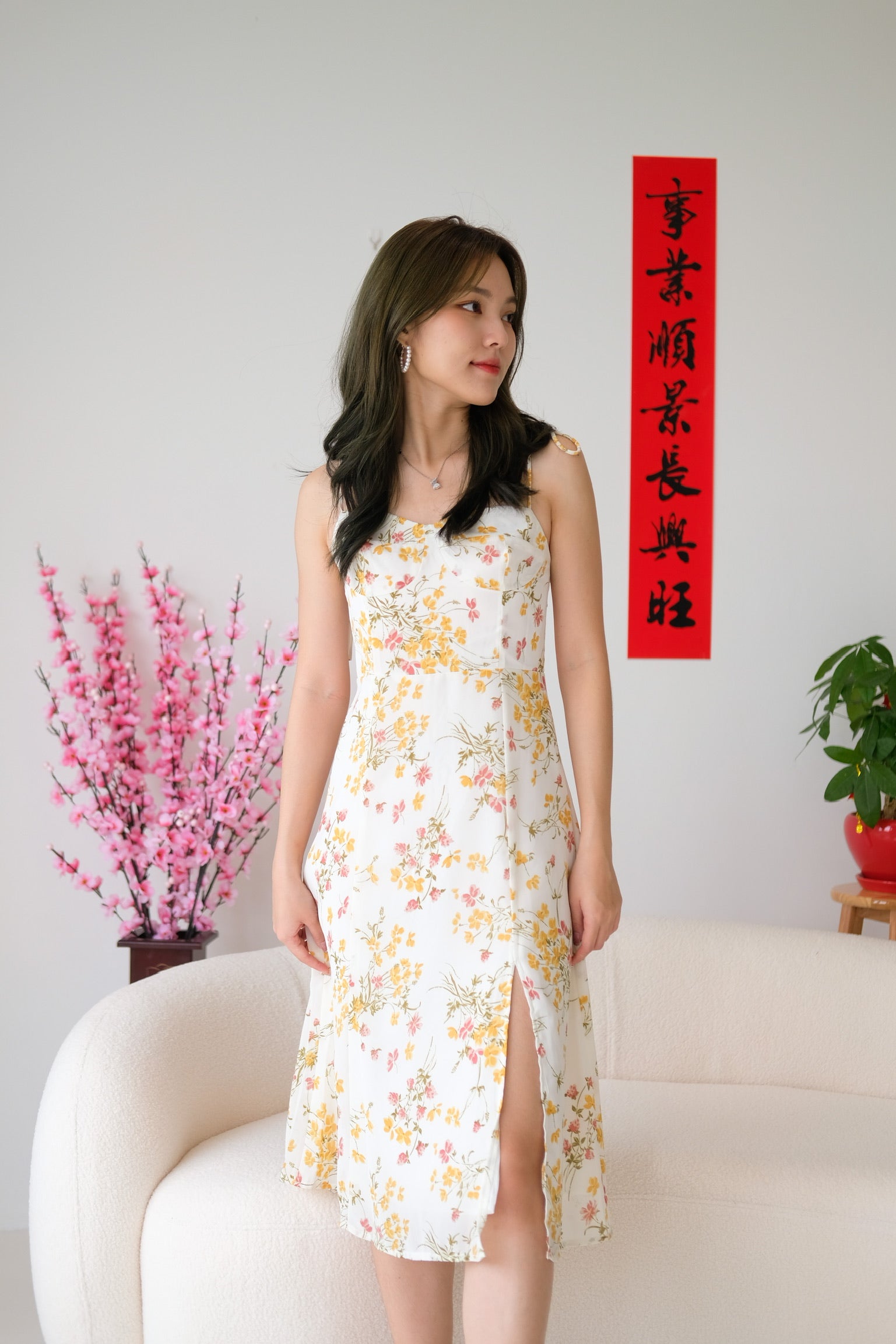 Summer Floral Midi Dress (Beige)