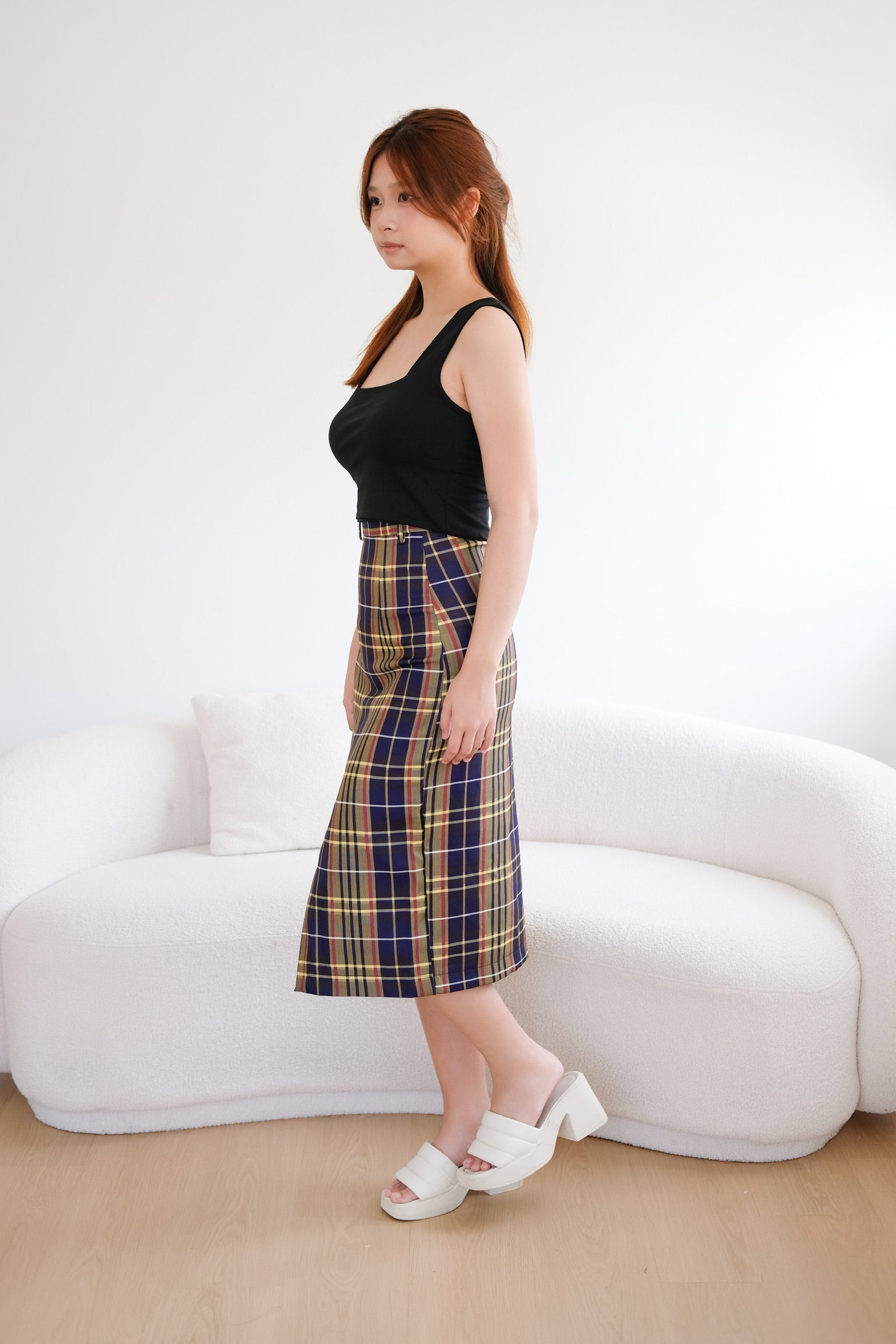 Navy Blue Grid High Waisted Midi Skirt