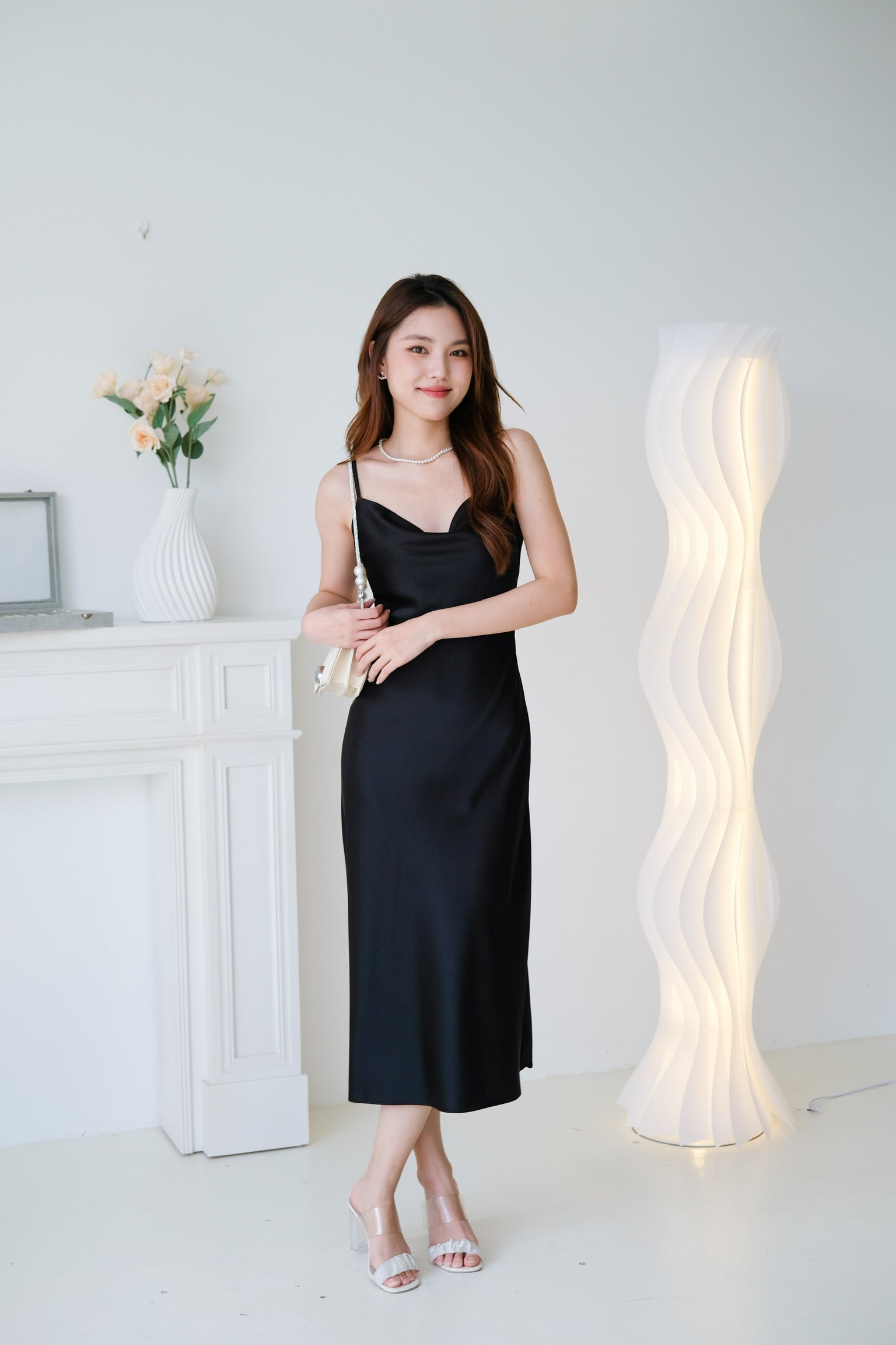 Elara Draped Satin Slip Dress (Black)