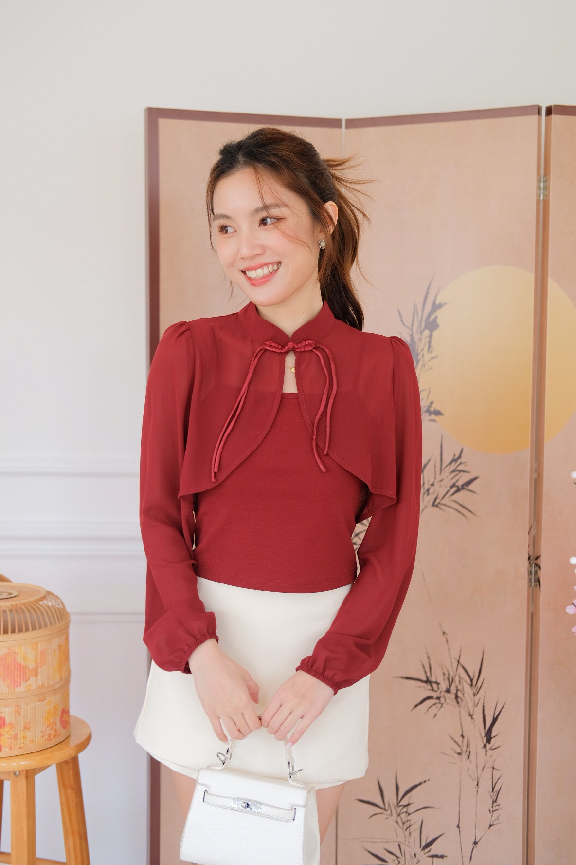 清 Qing 2 in 1 Long Sleeves Cheongsam Top (Wine)