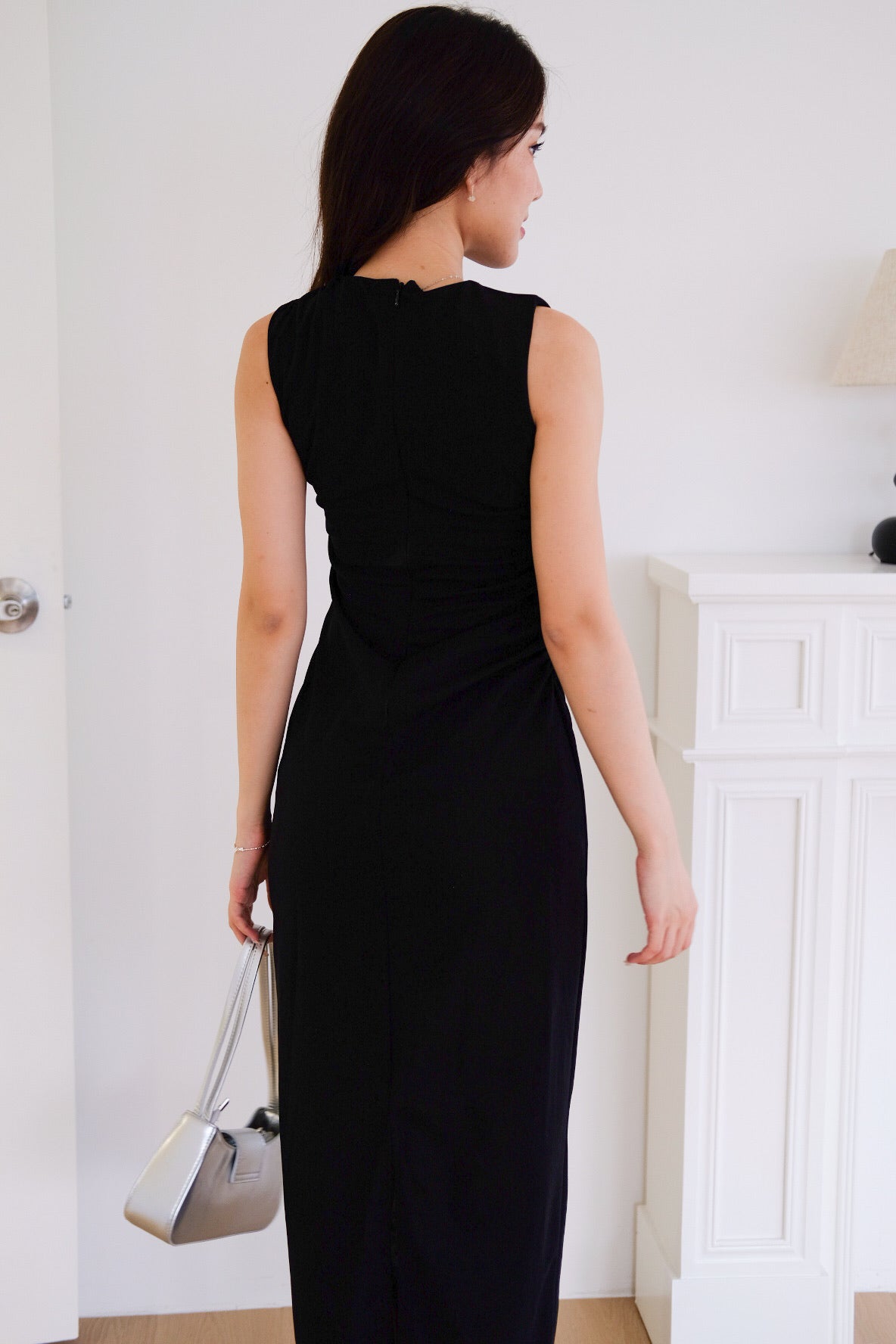 Brianna Ruched Jewel Bodycon Maxi Dress (Black)