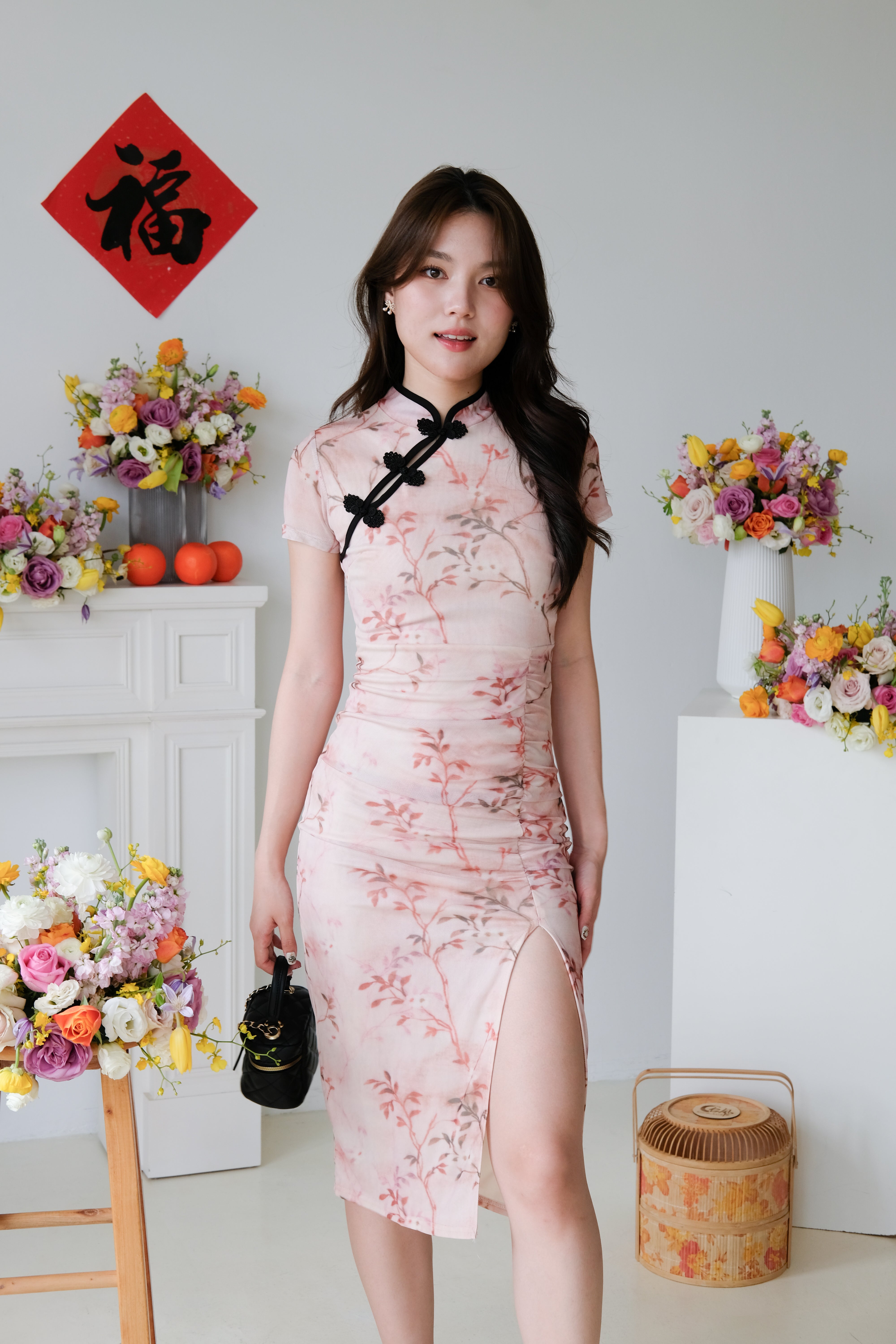 [ETA 23-27 Dec] Yuan Mesh Slit Midi Cheongsam (Cherry Pink)