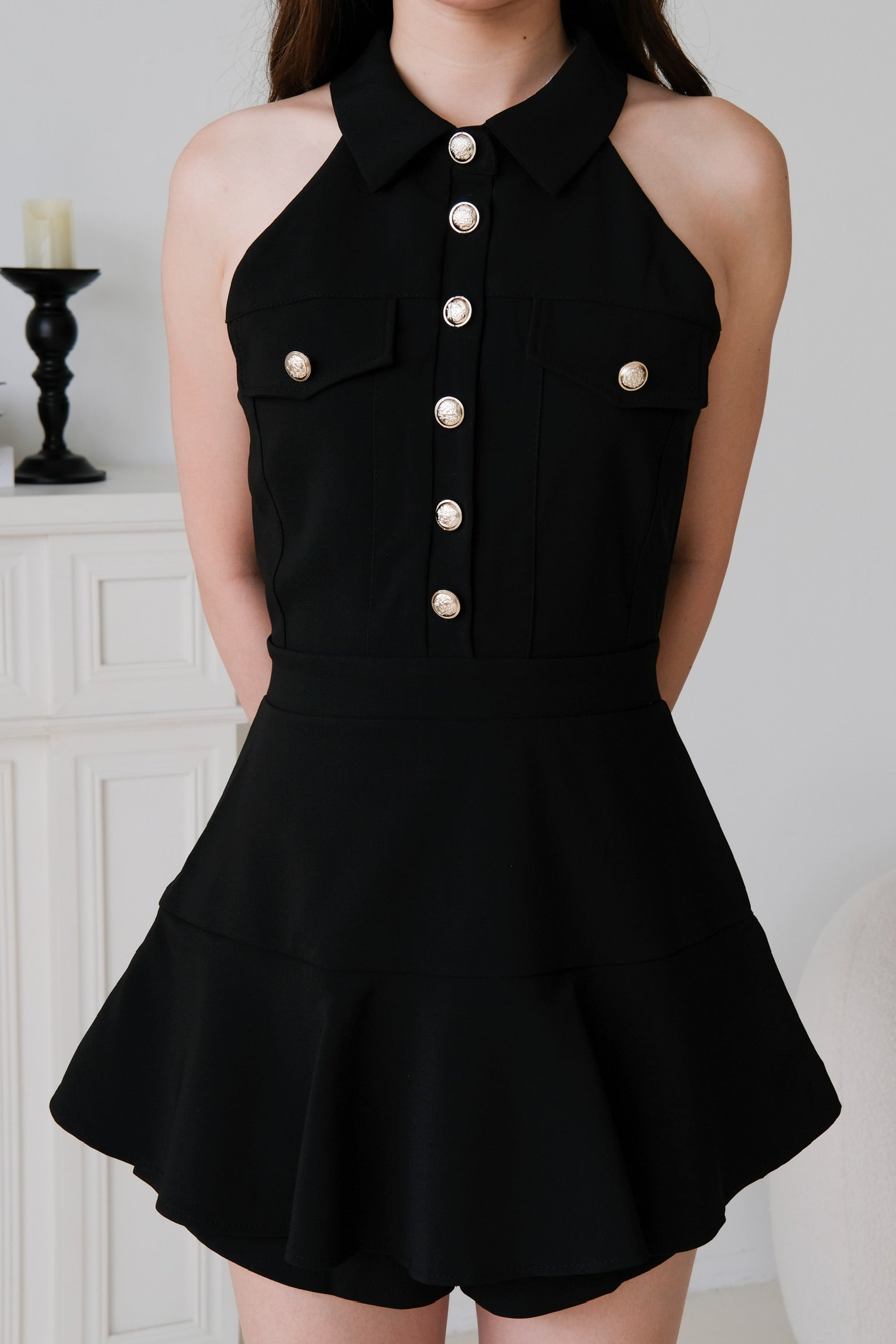 Dionne Gold Button Collared Romper (Black)