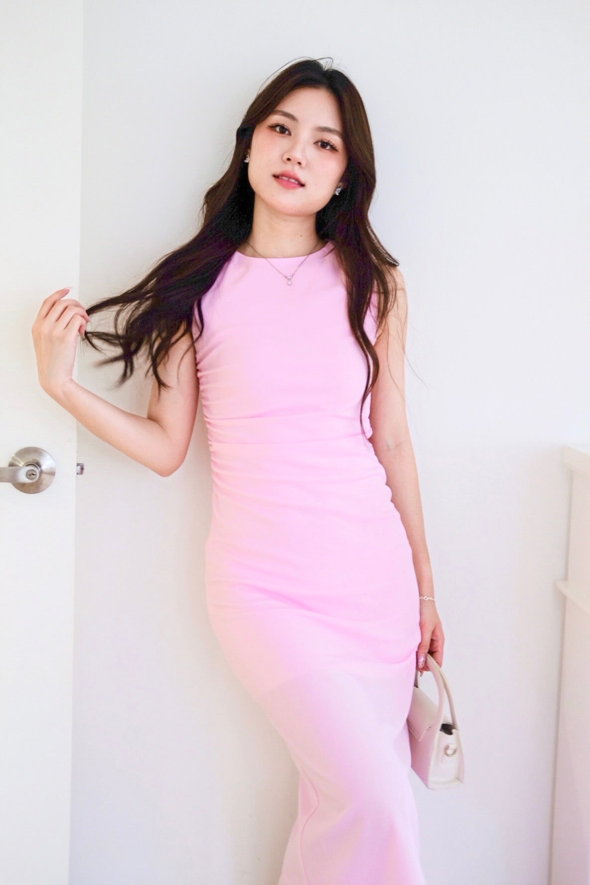 Brianna Ruched Jewel Bodycon Maxi Dress (Bright Pink)