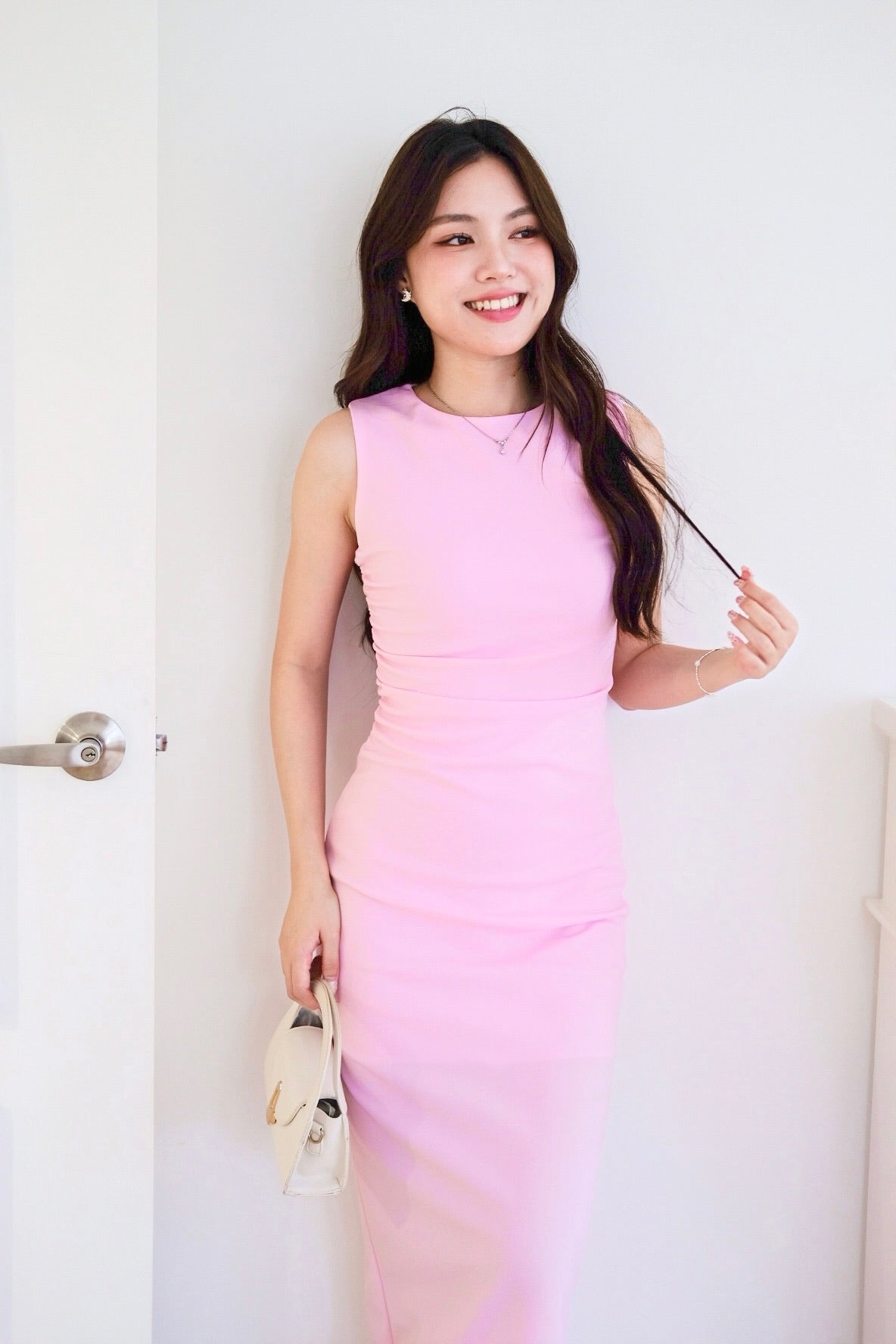 Brianna Ruched Jewel Bodycon Maxi Dress (Bright Pink)