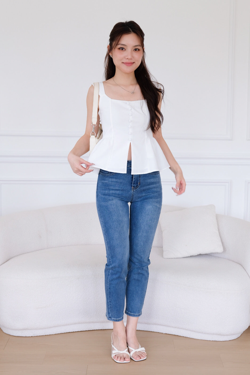 Naylie Peplum Front Slit Top (White)