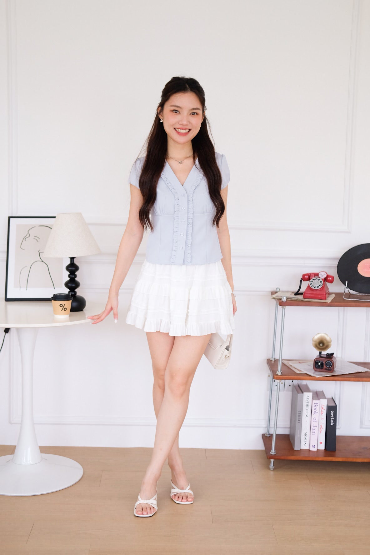 Marais Collared Ruffle Blouse Top (Nude Blue)