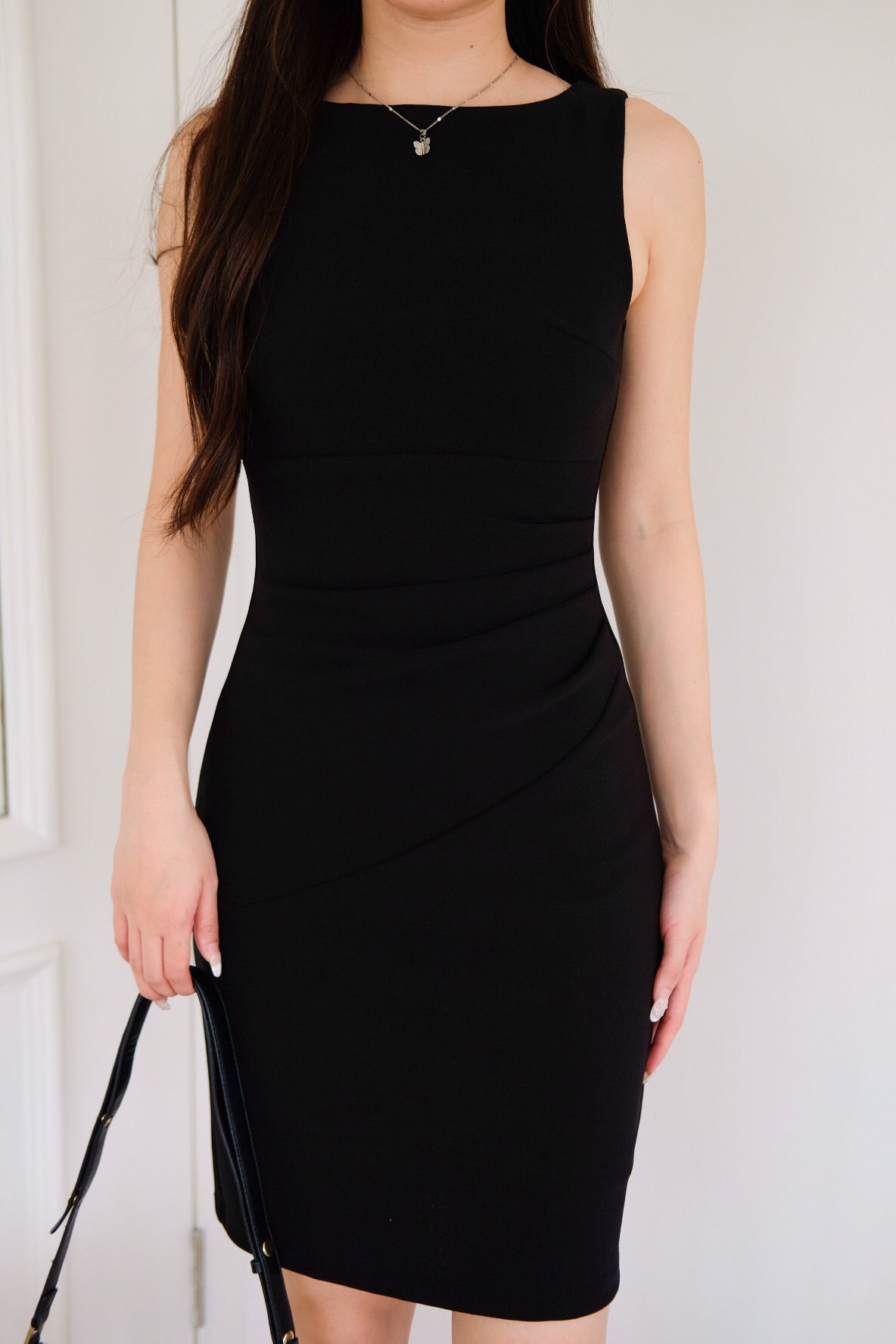 Annette Boatneck Ruched Midi Dress (Black)