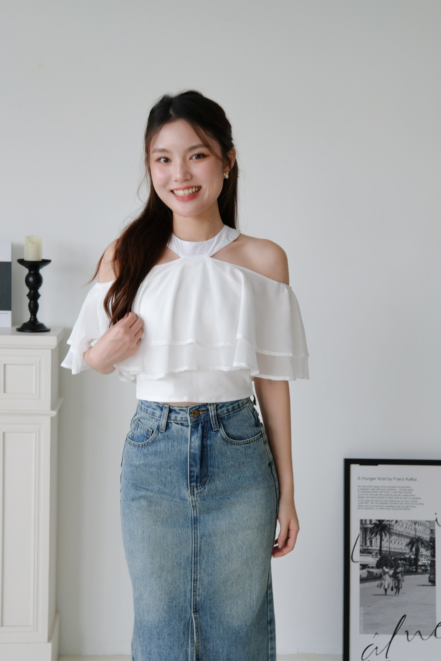 Estelle Halter Ruffle Tiered Crop (White)