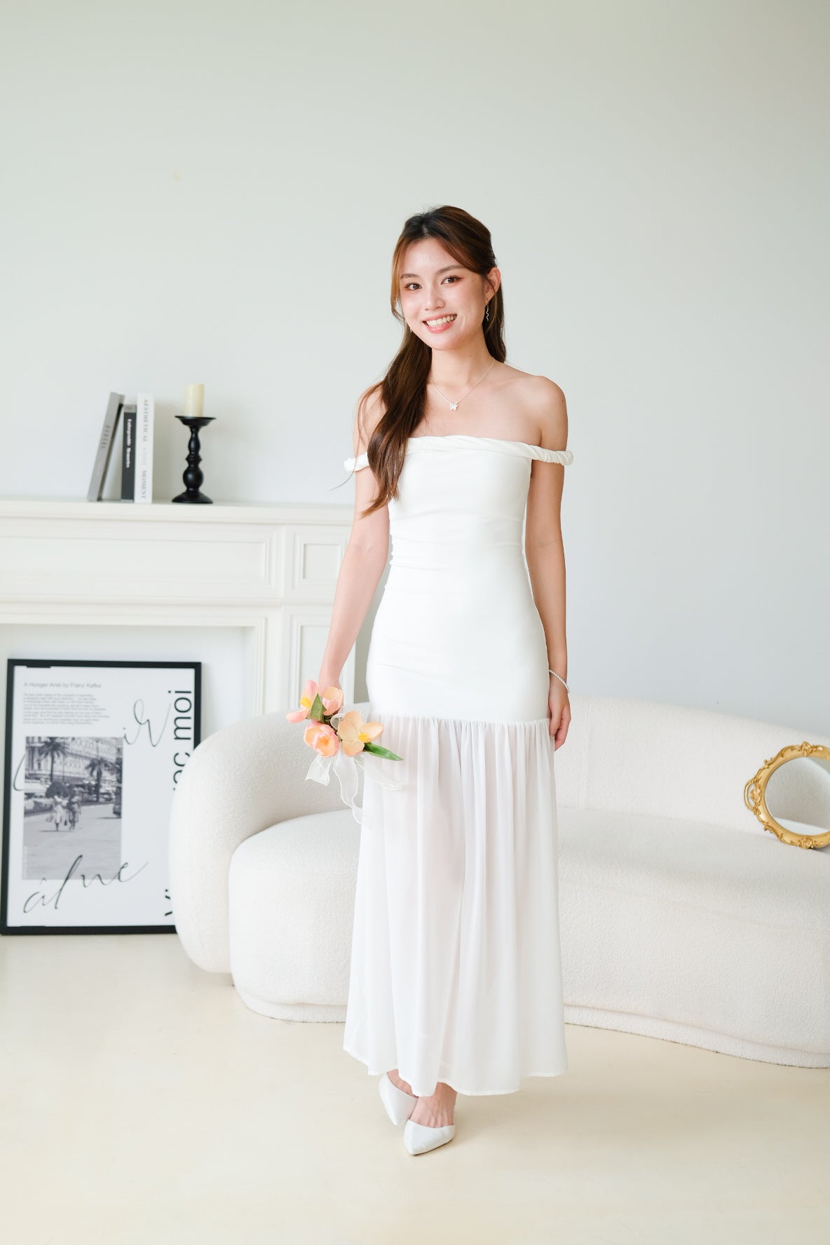 Kim Twist Off Shoulder Bodycon Maxi Dress (White)