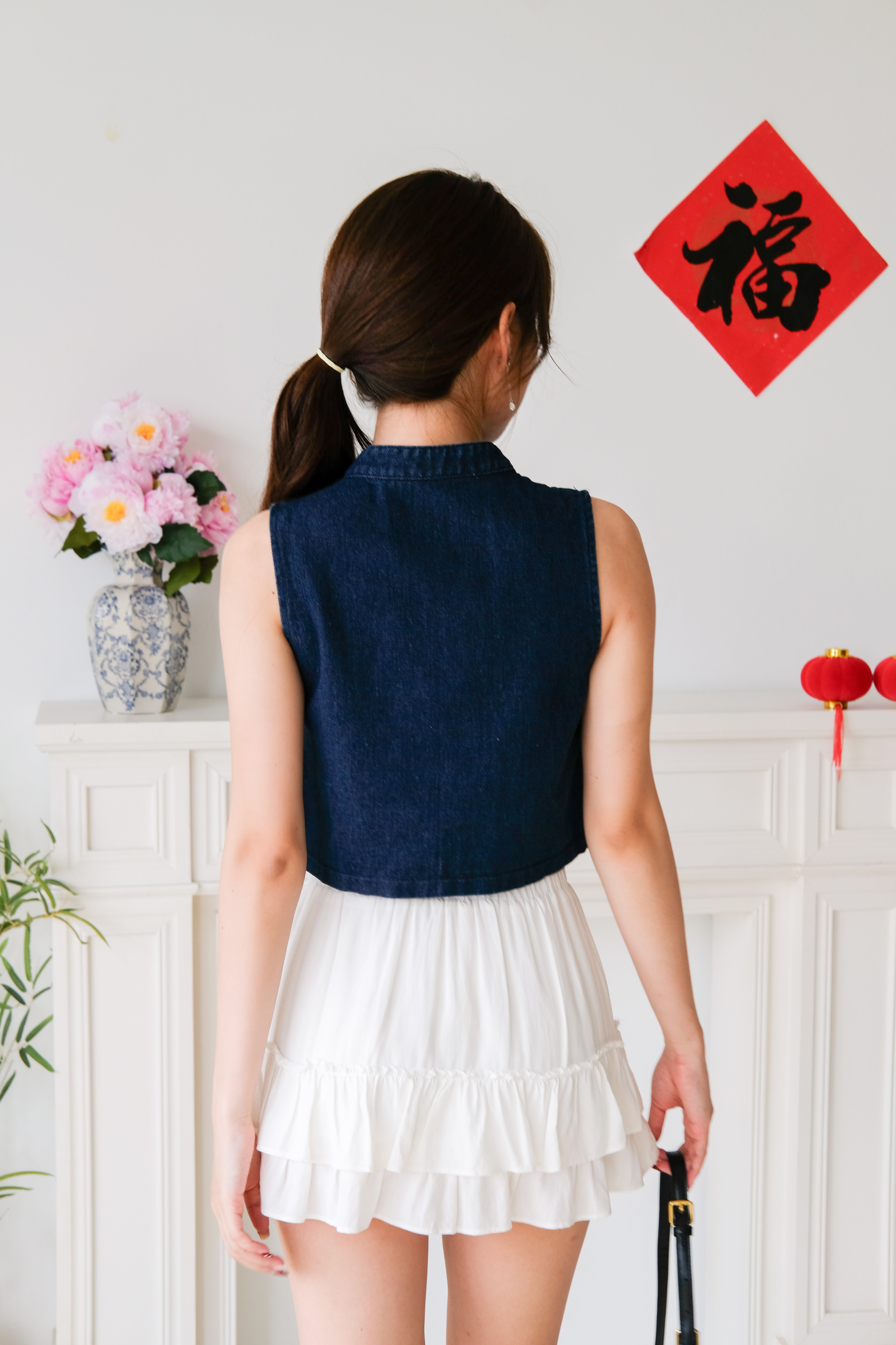 Asa Denim Cheongsam Crop (Dark Blue)