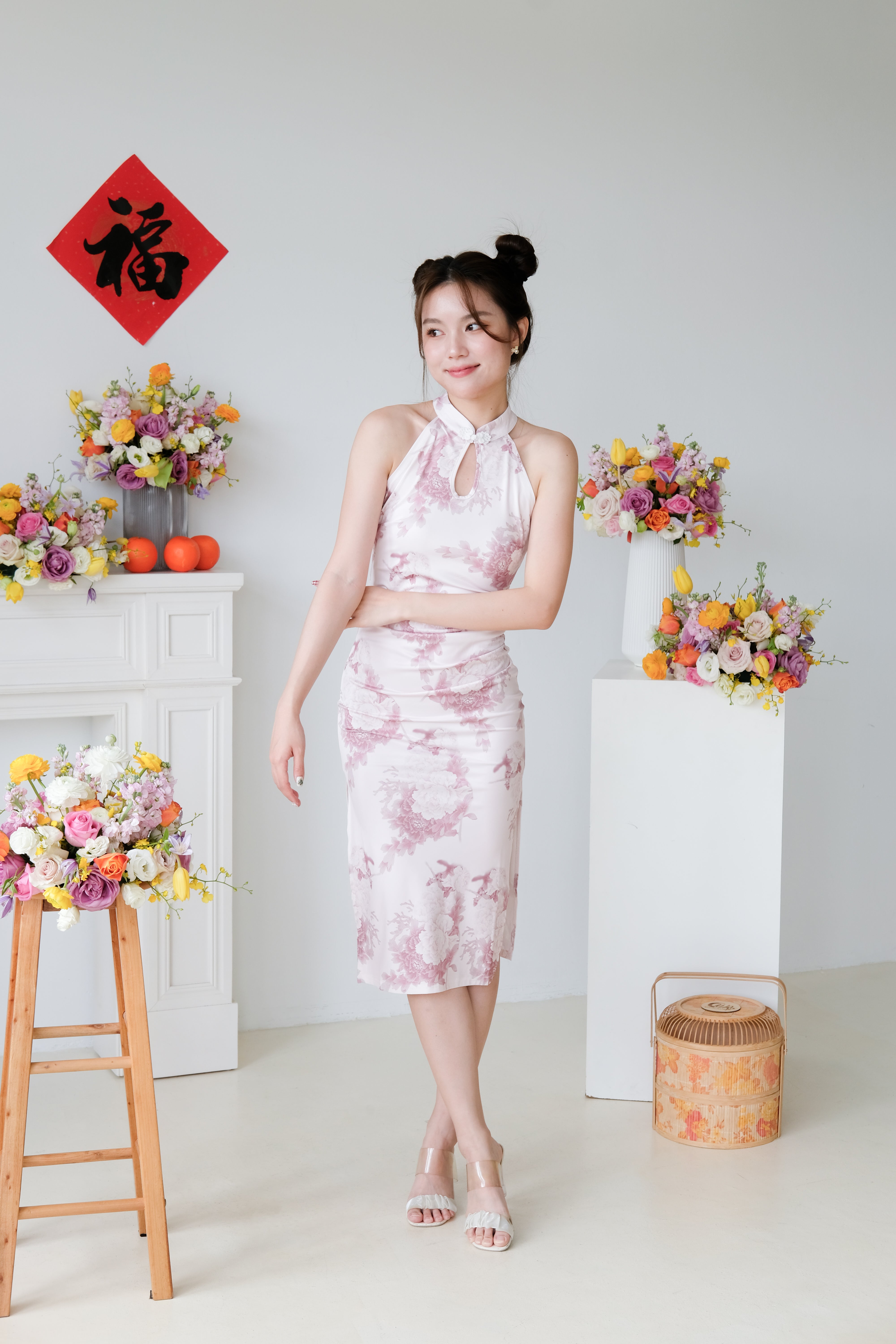 Hua Halter Slit Midi Cheongsam (Light Pink)