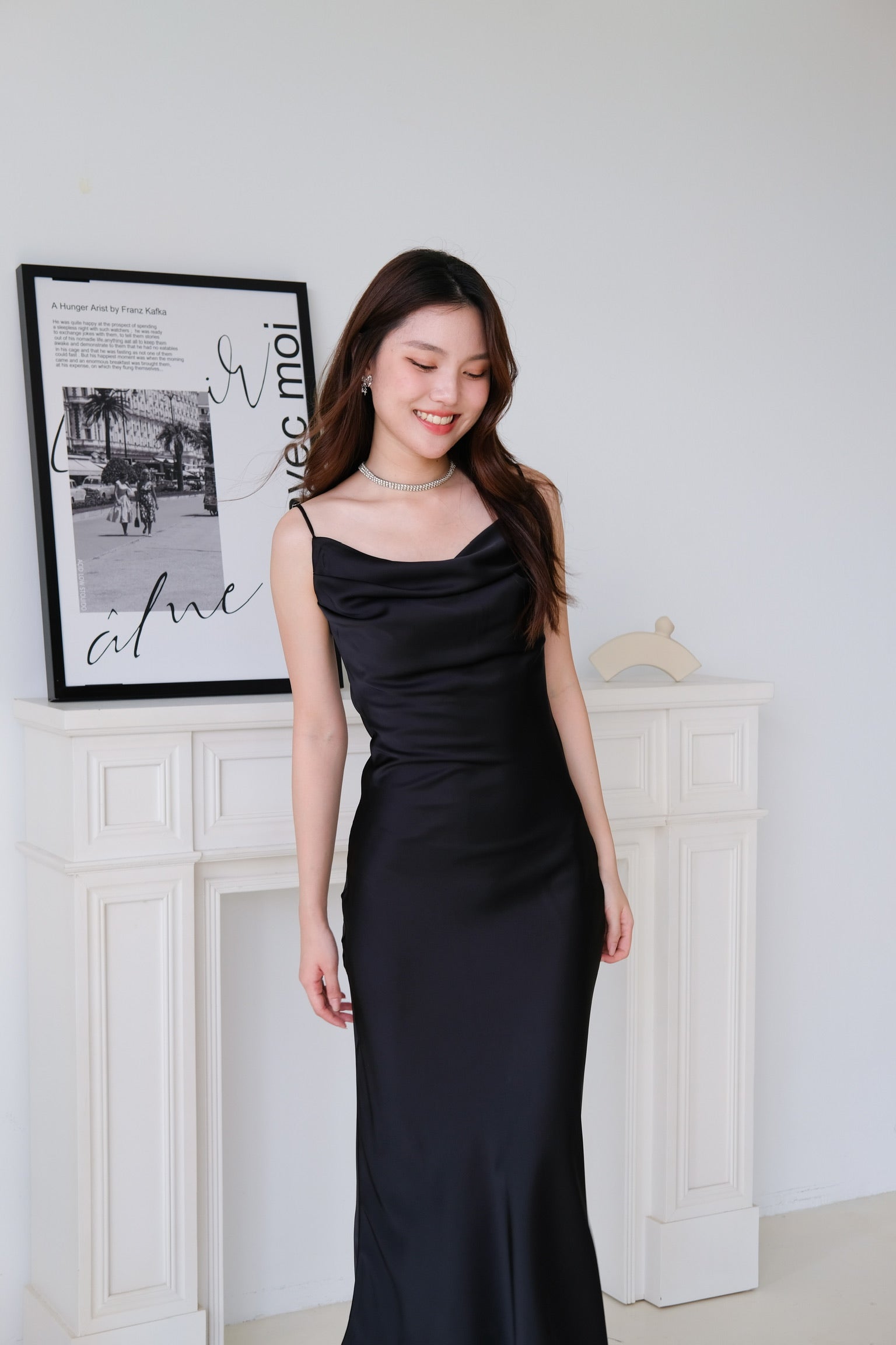 Victoria Cowl Satin Bareback Maxi Dress (Black)