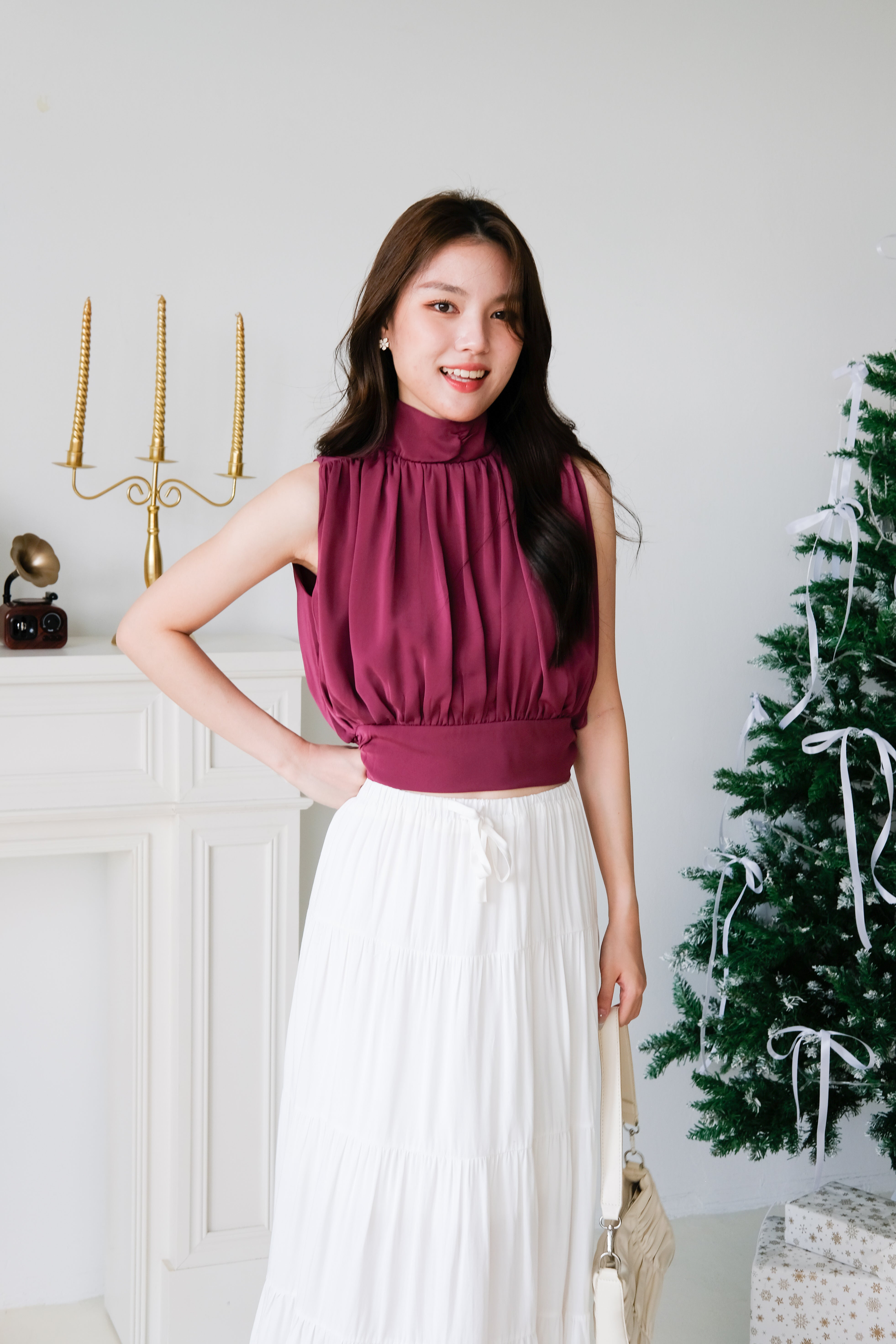 Gabine High Neck Ruched Top (Wine)