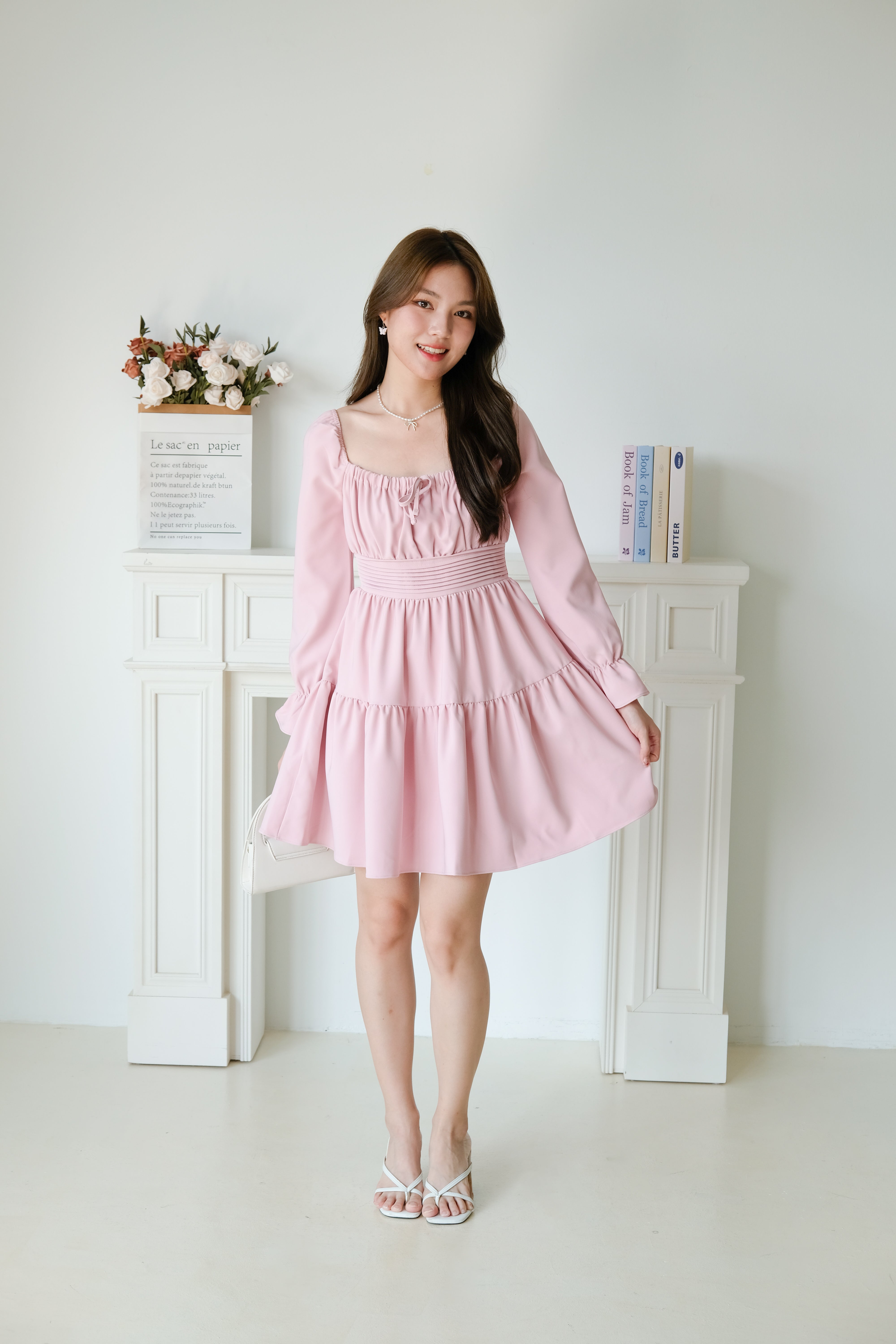 Destiny Ruched Long Sleeves Dress (Pink)