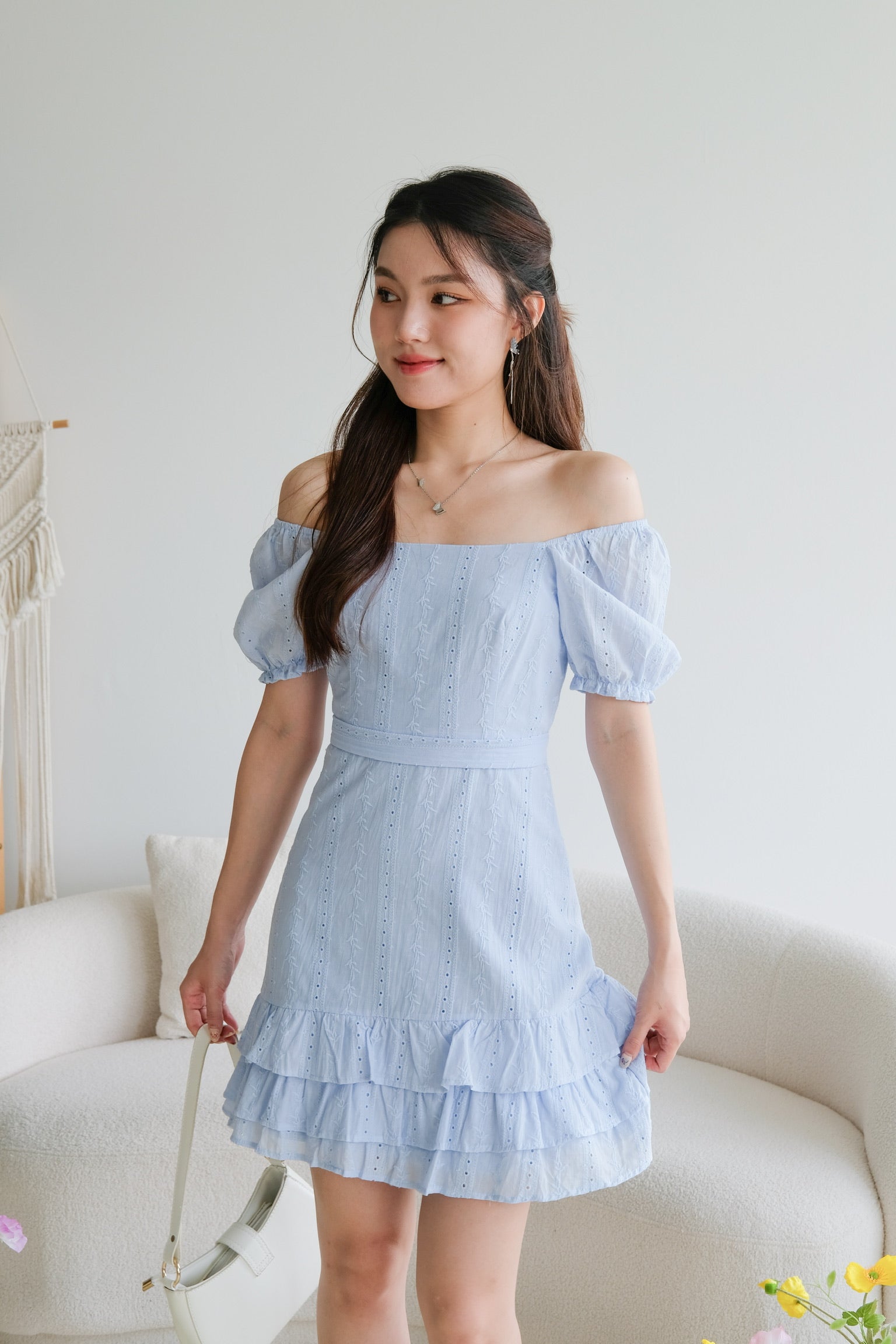 Evelyn Eyelet Ruffle Dress (Sea Blue)