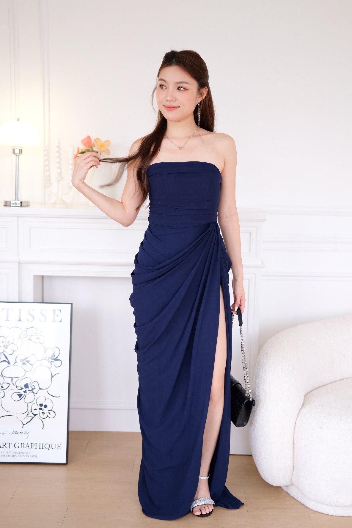 Seraphina Tube Corset Slit Maxi Dress (Navy Blue)