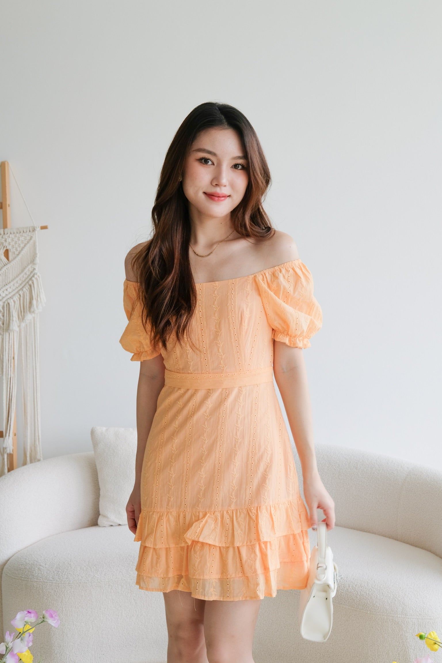 Evelyn Eyelet Ruffle Dress (Tangerine Orange)