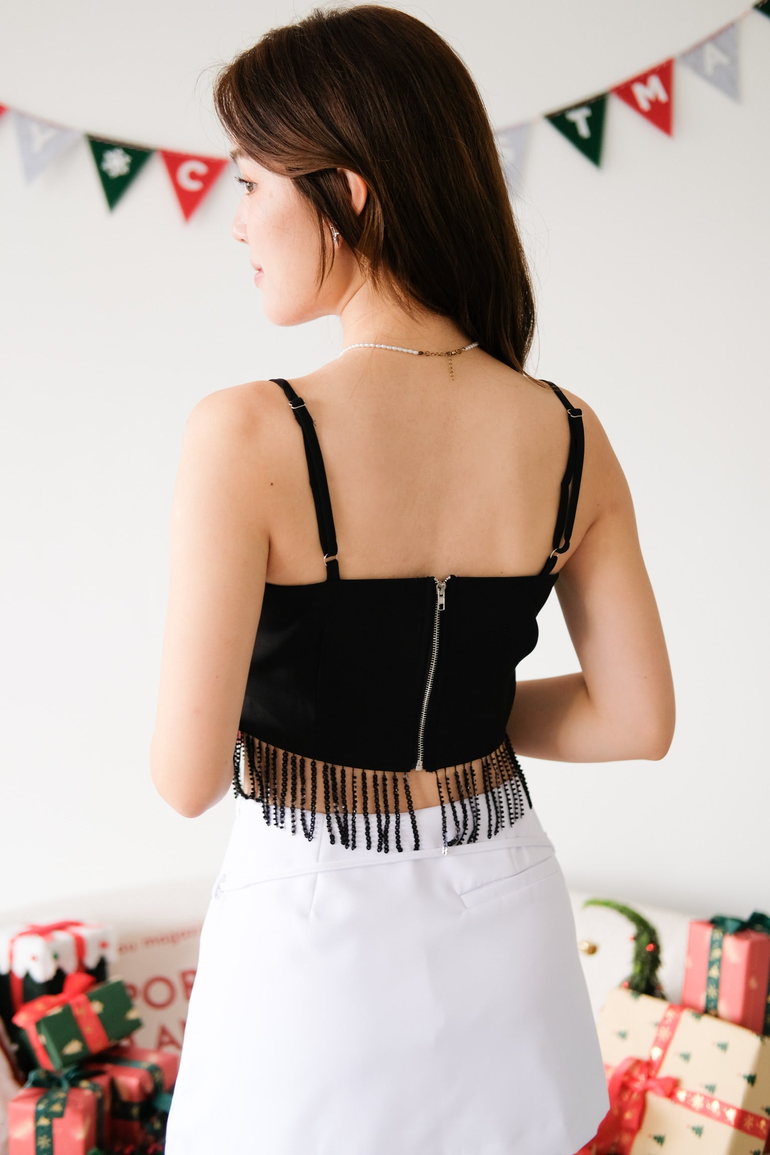 Amaria Embellished Tassel Crop Top (Black)