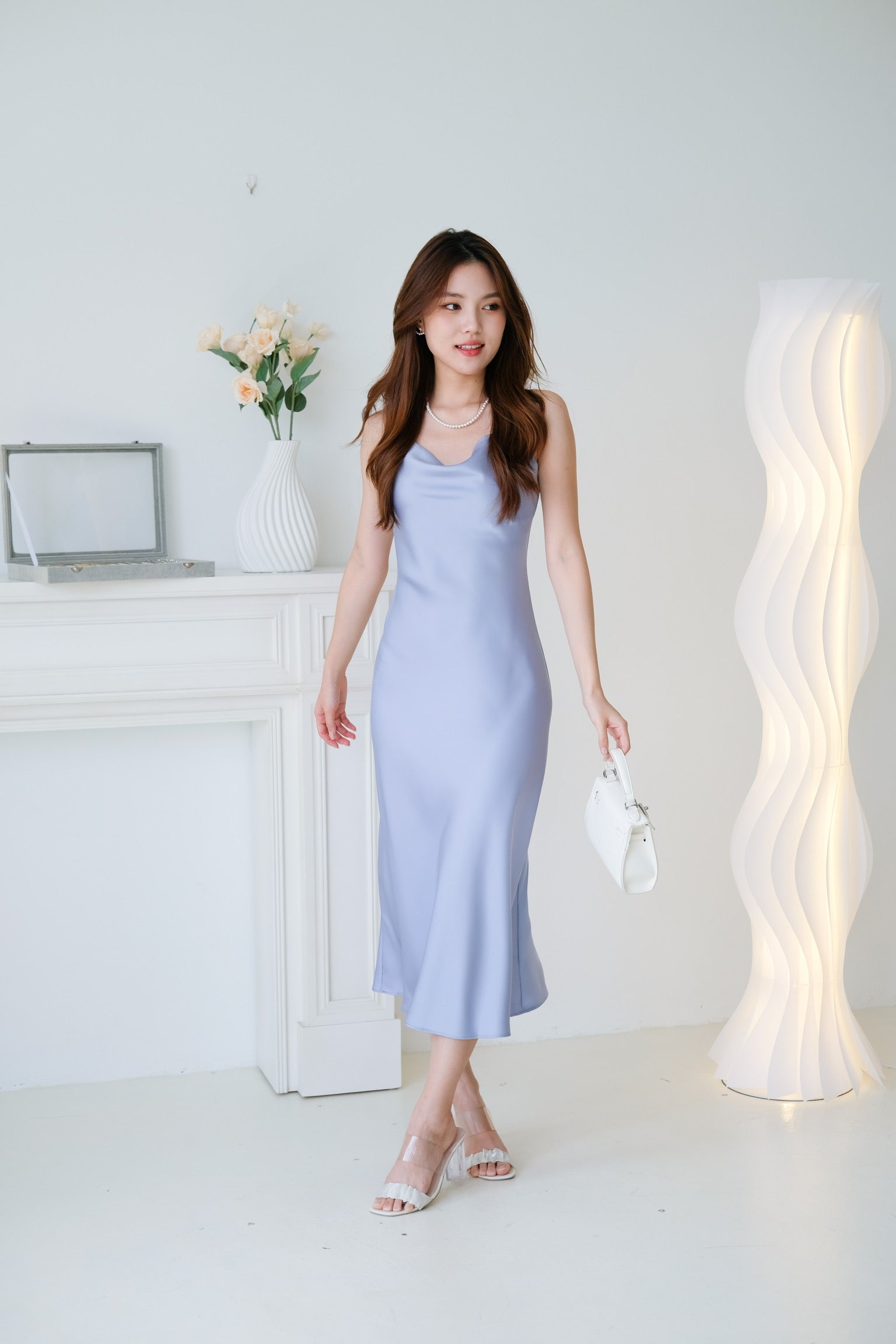 Elara Draped Satin Slip Dress (Frost Blue)