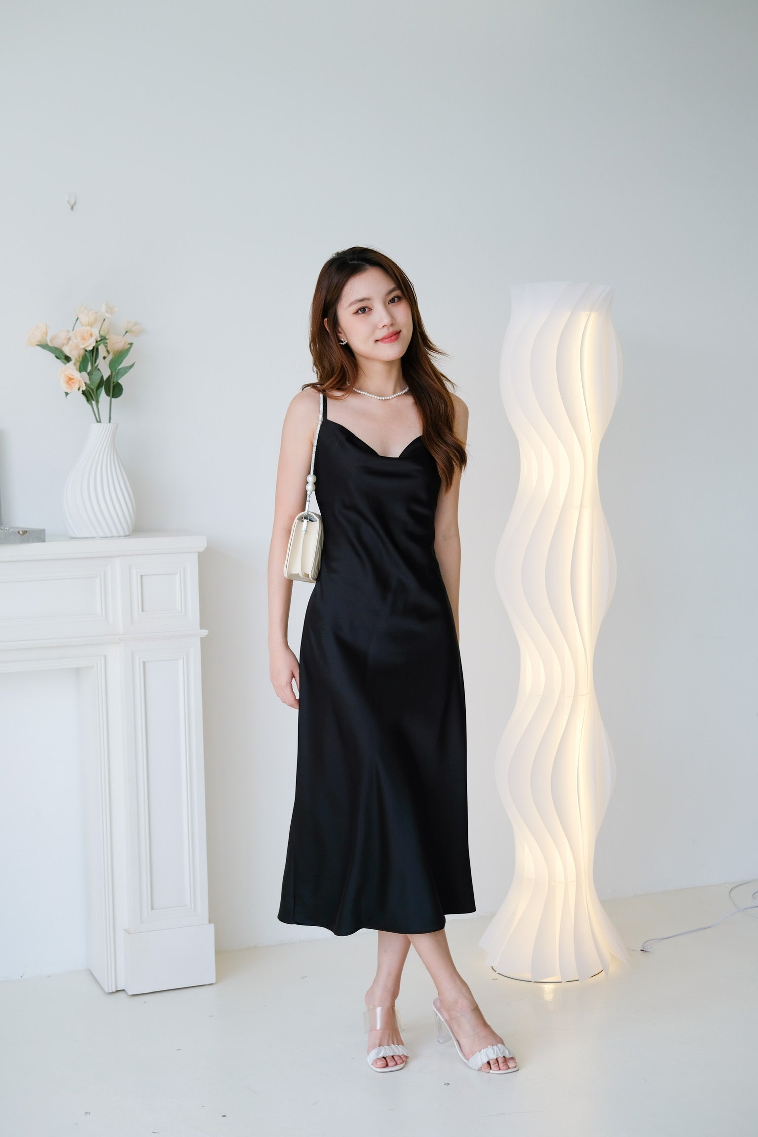 Elara Draped Satin Slip Dress (Black)