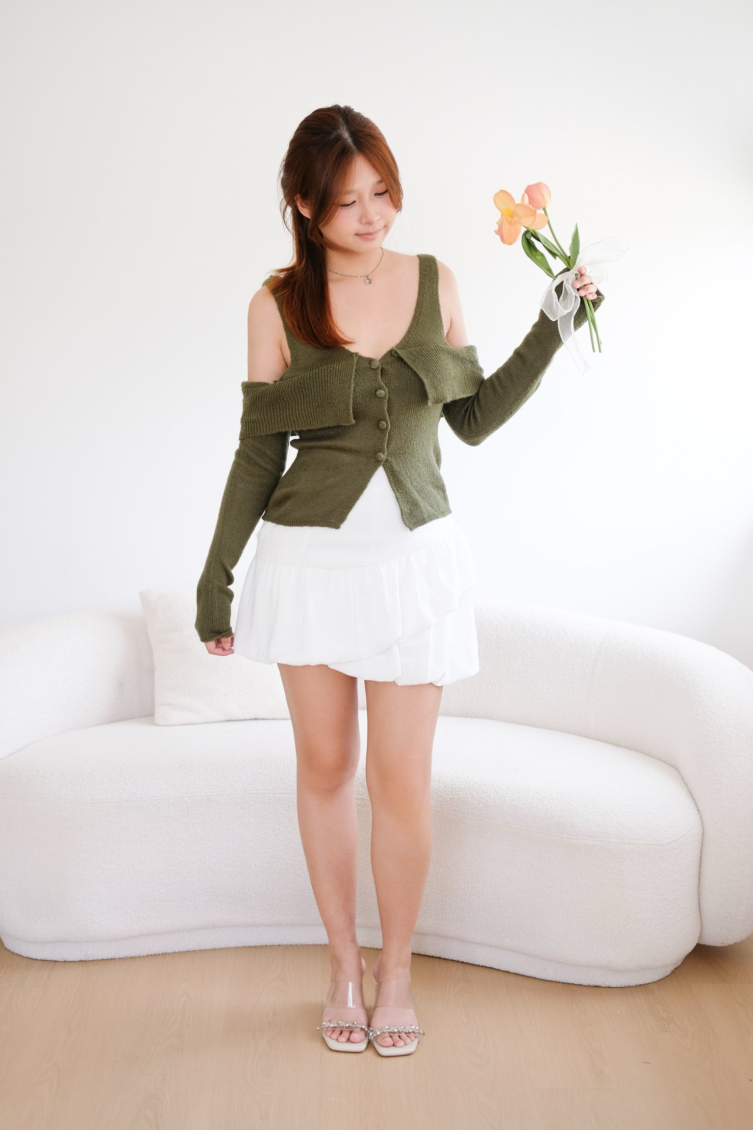 Green Knit Cold Shoulder Long Sleeves Top