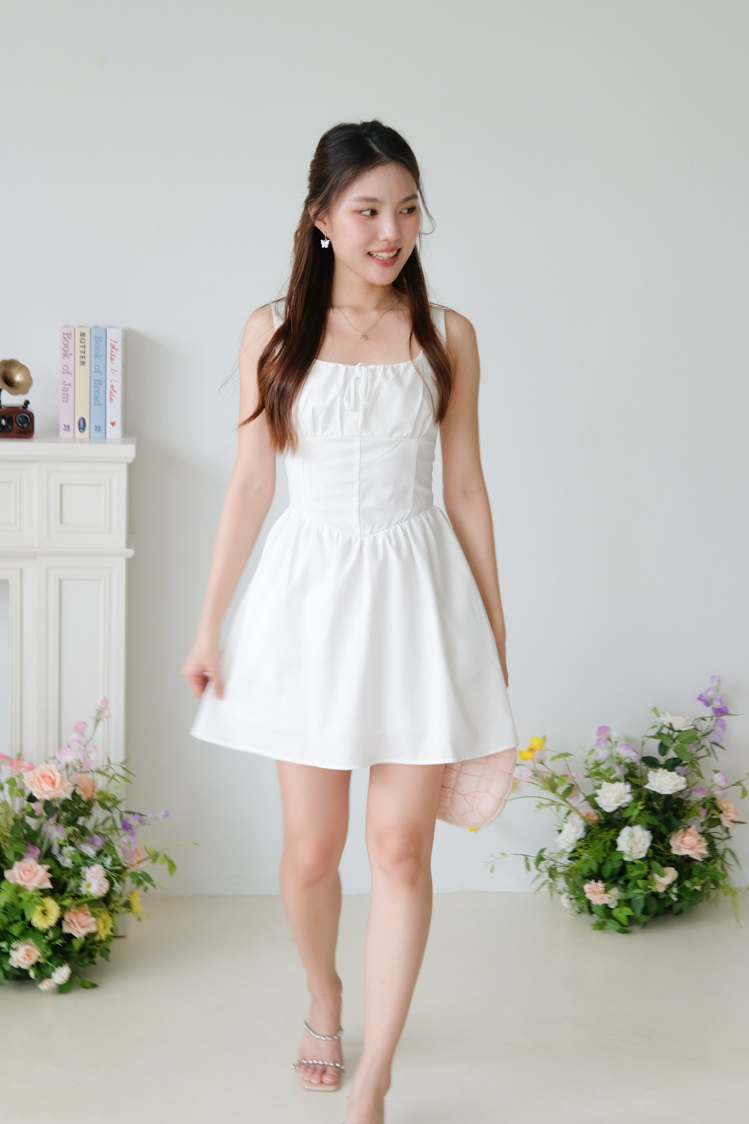 Tiffany Ruched Flare Dress (White)