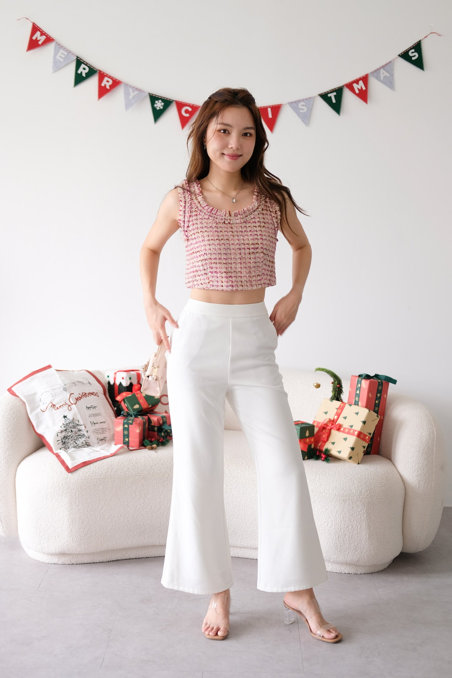 Mirea Frills Tweed Crop Top (Magenta)