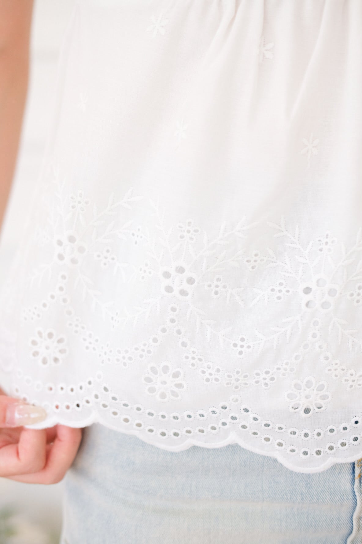 Kylin Eyelet Ruched Peplum Top (White)