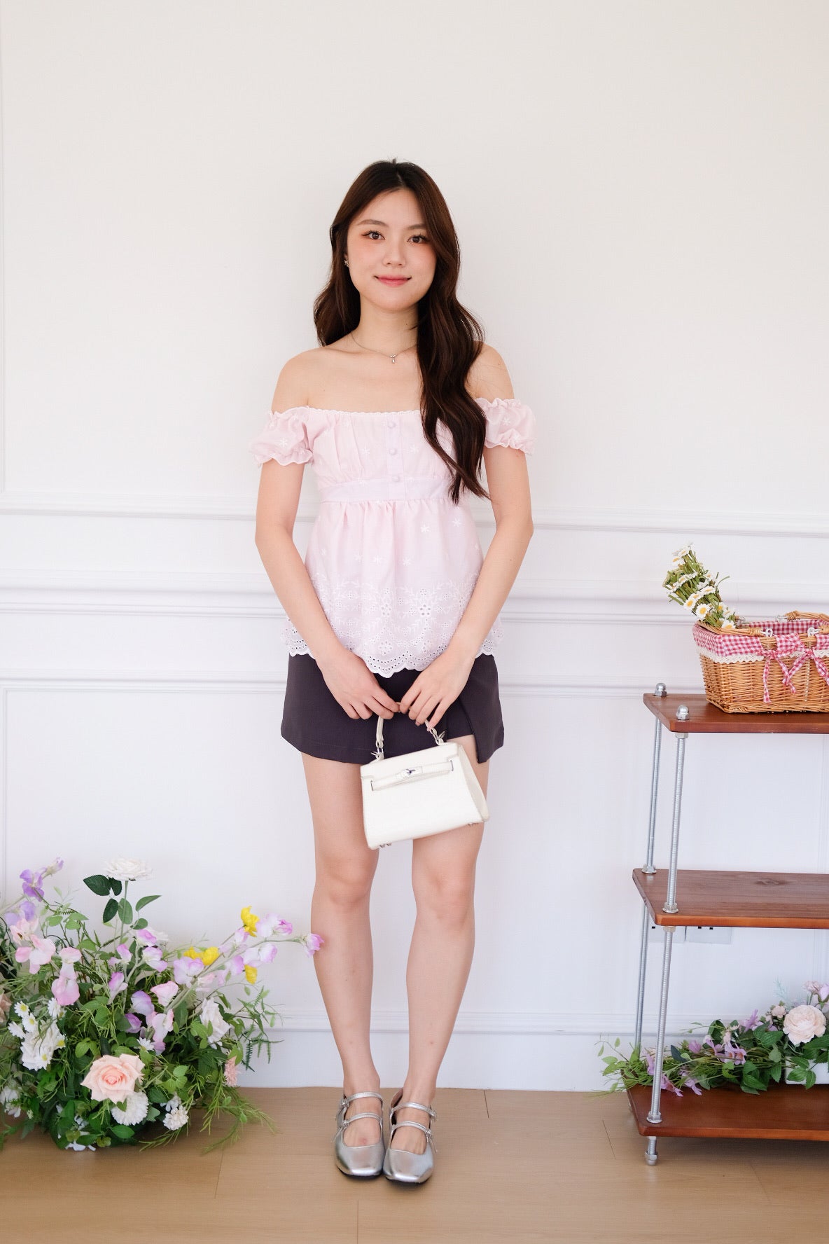 Kylin Eyelet Ruched Peplum Top (Baby Pink)