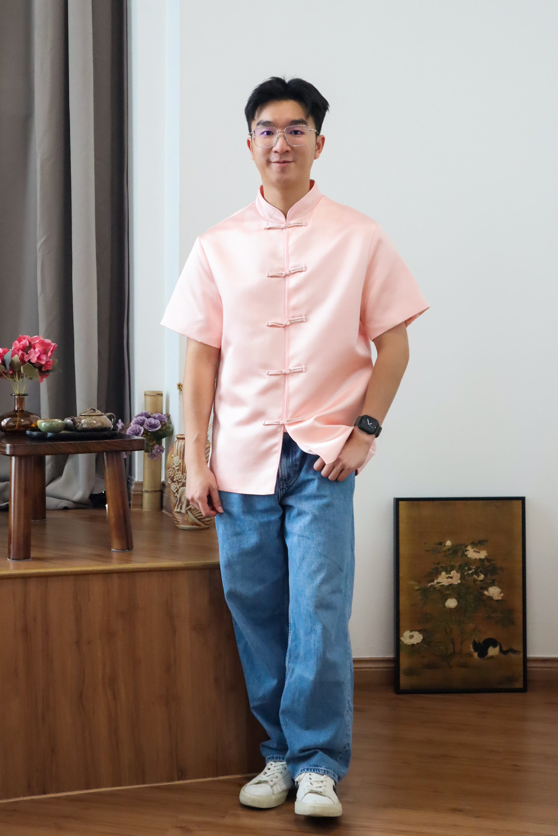 玉树临风 Feng Button Men Samfu (Silk Pink)