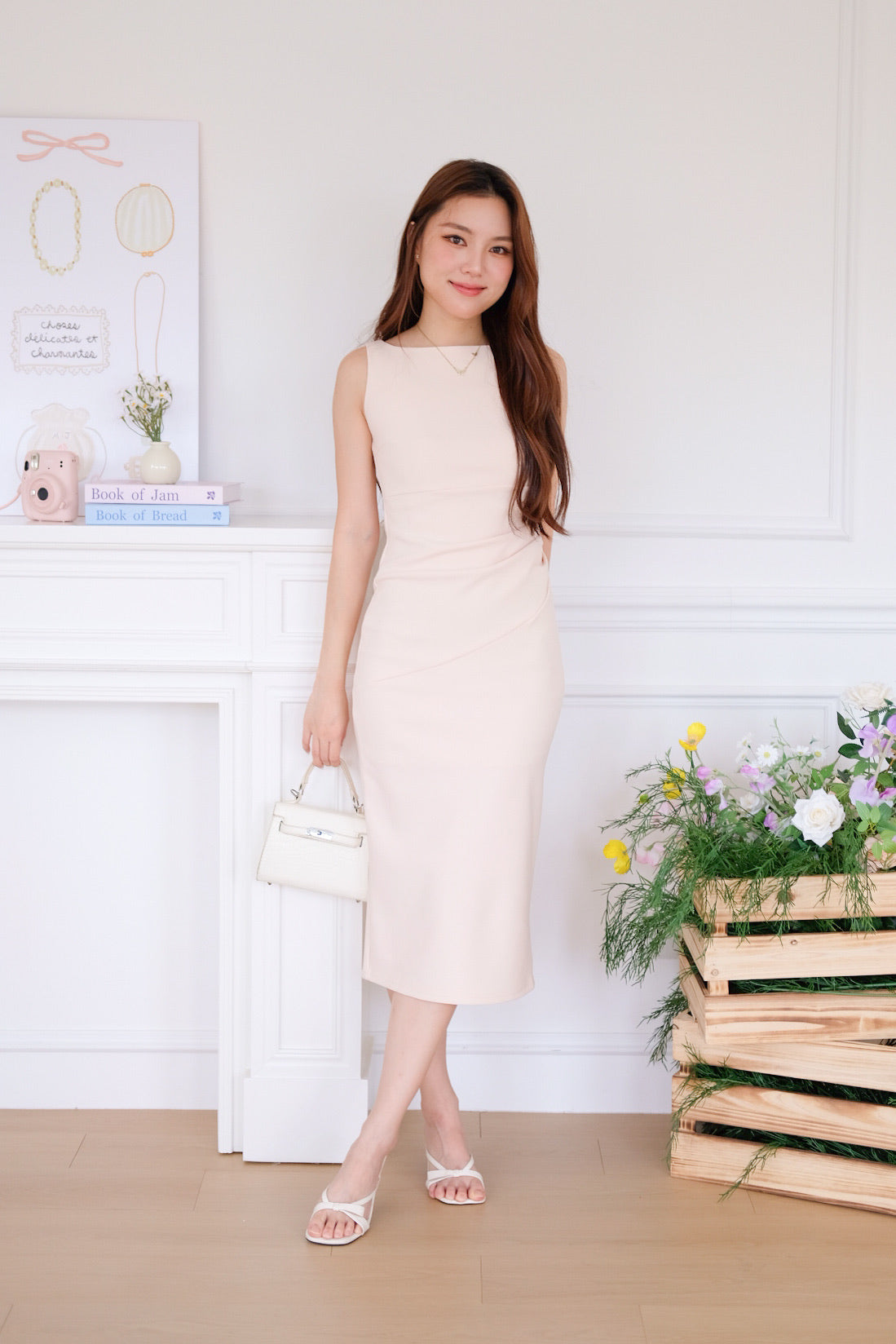 Felicia Boatneck Ruched Maxi Dress (Warm Beige)