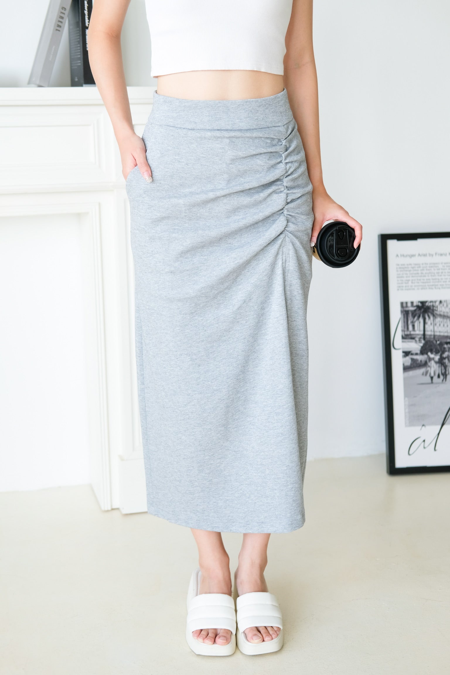 Vera Ruched Side Slit Midi Skirt (Grey)