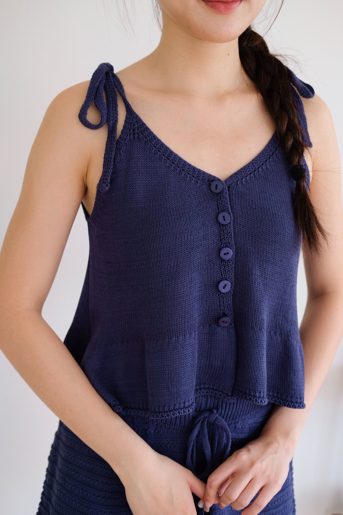 Gracie Self Tie Button Knit Top (Navy Blue)