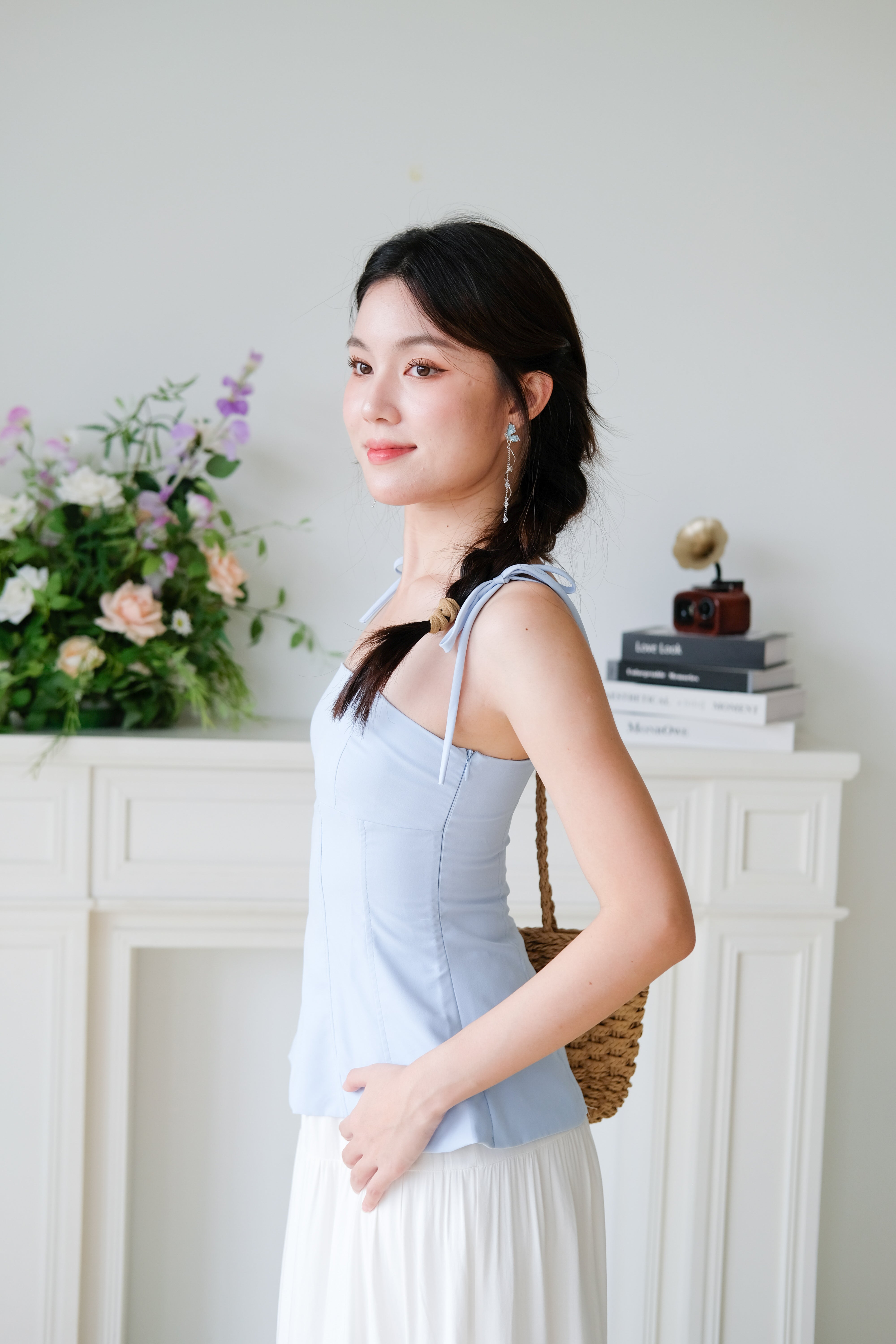 Marilyn Self Tie Ribbon Top (Plain Blue)