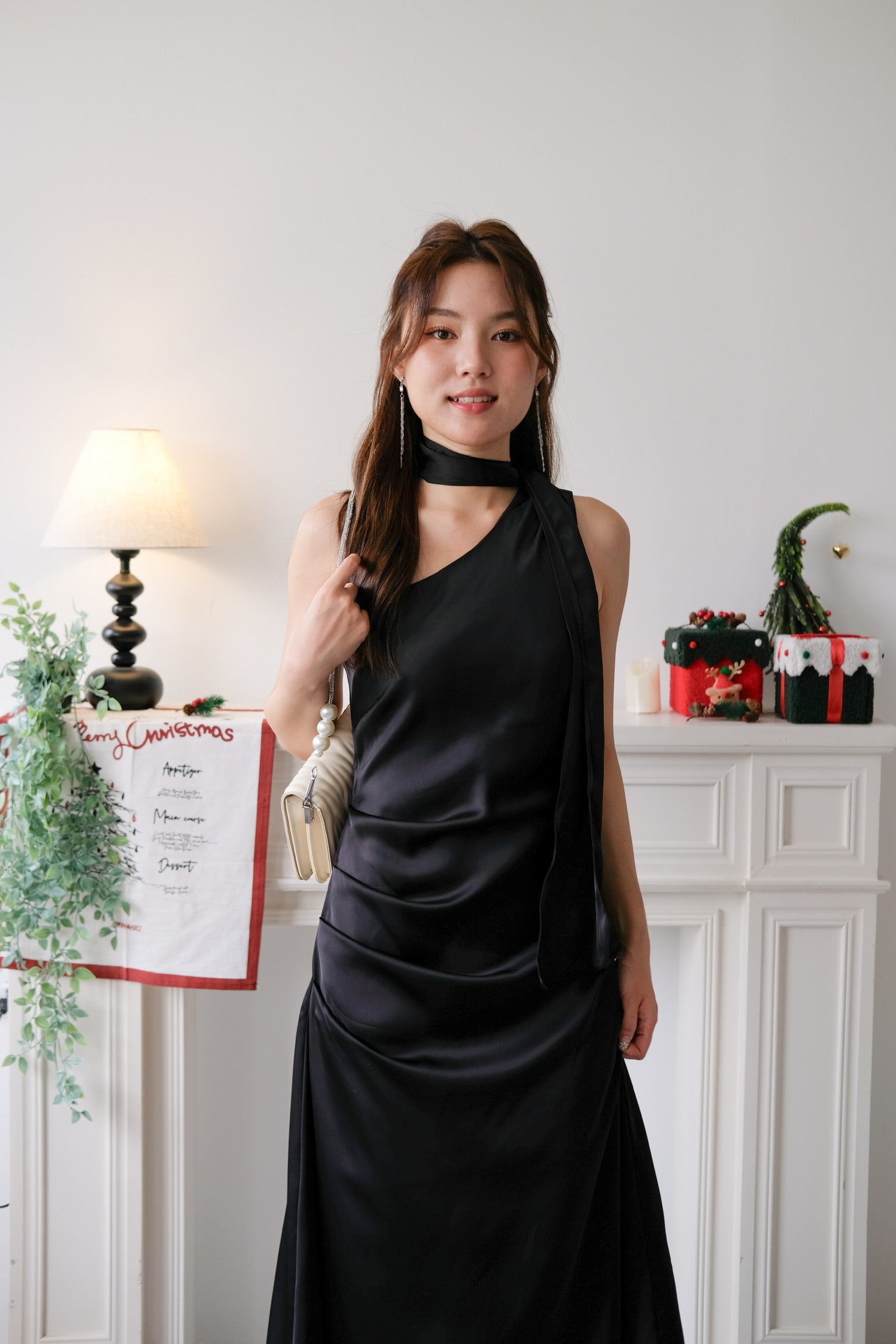 Caelyn Satin Toga Dinner Dress (Black)
