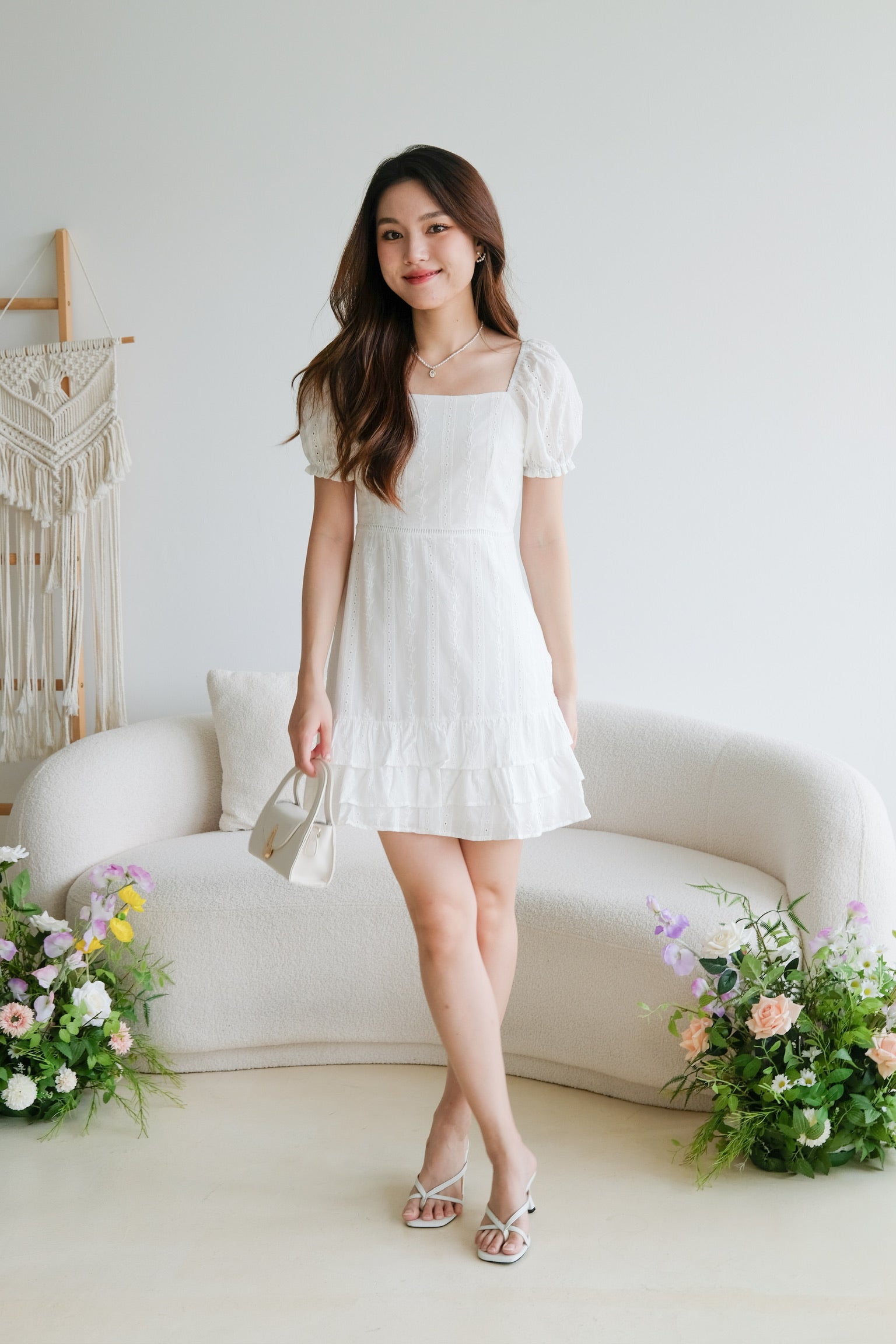 Evelyn Eyelet Ruffle Dress (White)